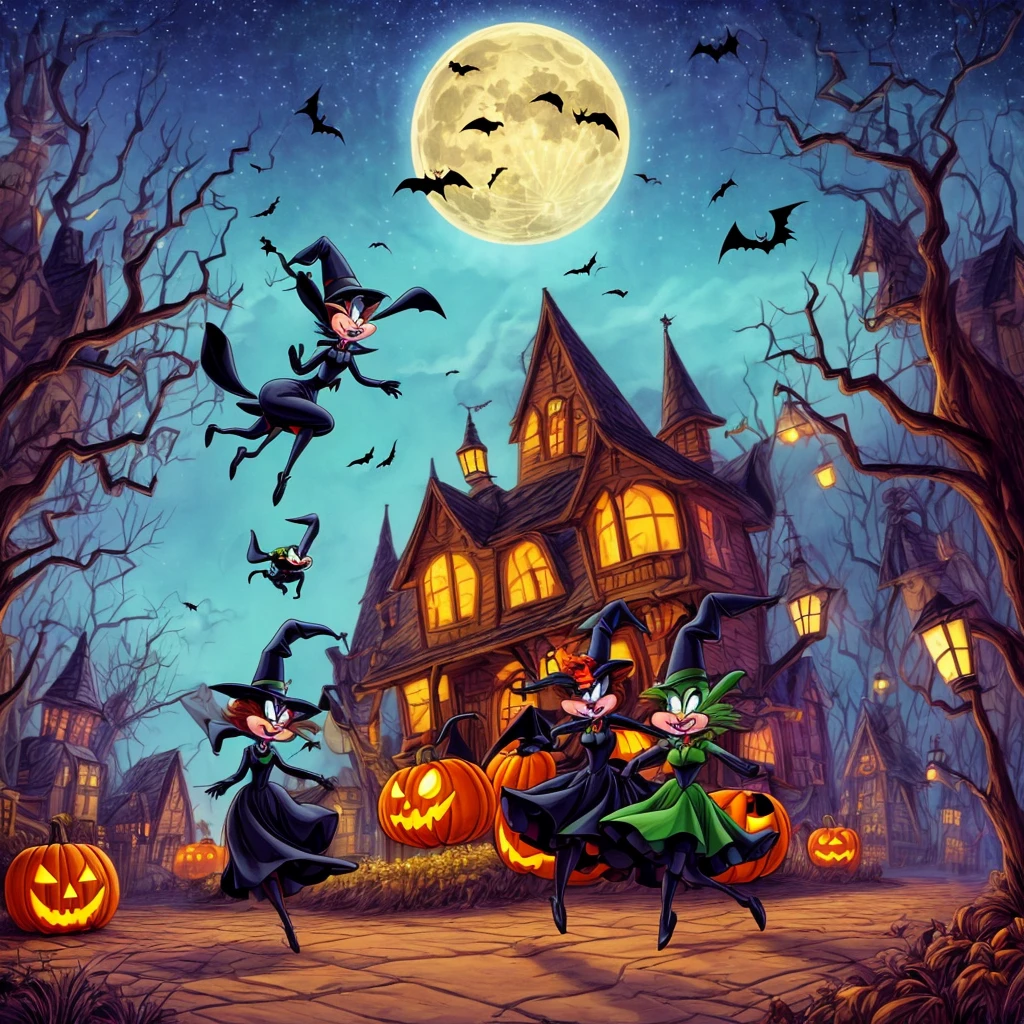 (best quality,4k,highres),looney tunes witches flying through a pumpkin patch at night,racing witches with broomsticks,spooky,comical,pumpkin-filled patch,charmingly detailed pumpkins,colorful witch costumes,full moon lighting,whimsical atmosphere,windswept hair,expressive facial expressions,spider webs,and bats,creepy-crawly crawling spiders,festive Halloween spirit,dynamic motion,laughter and excitement,animated artwork,enchanted fantasy,thrilling witch race,wickedly funny,mesmerizing visual effects,hauntingly beautiful scenery,magical aura,mischievous tricks and spells,nighttime adventure,playful competition,breathtaking sky,illuminating stars