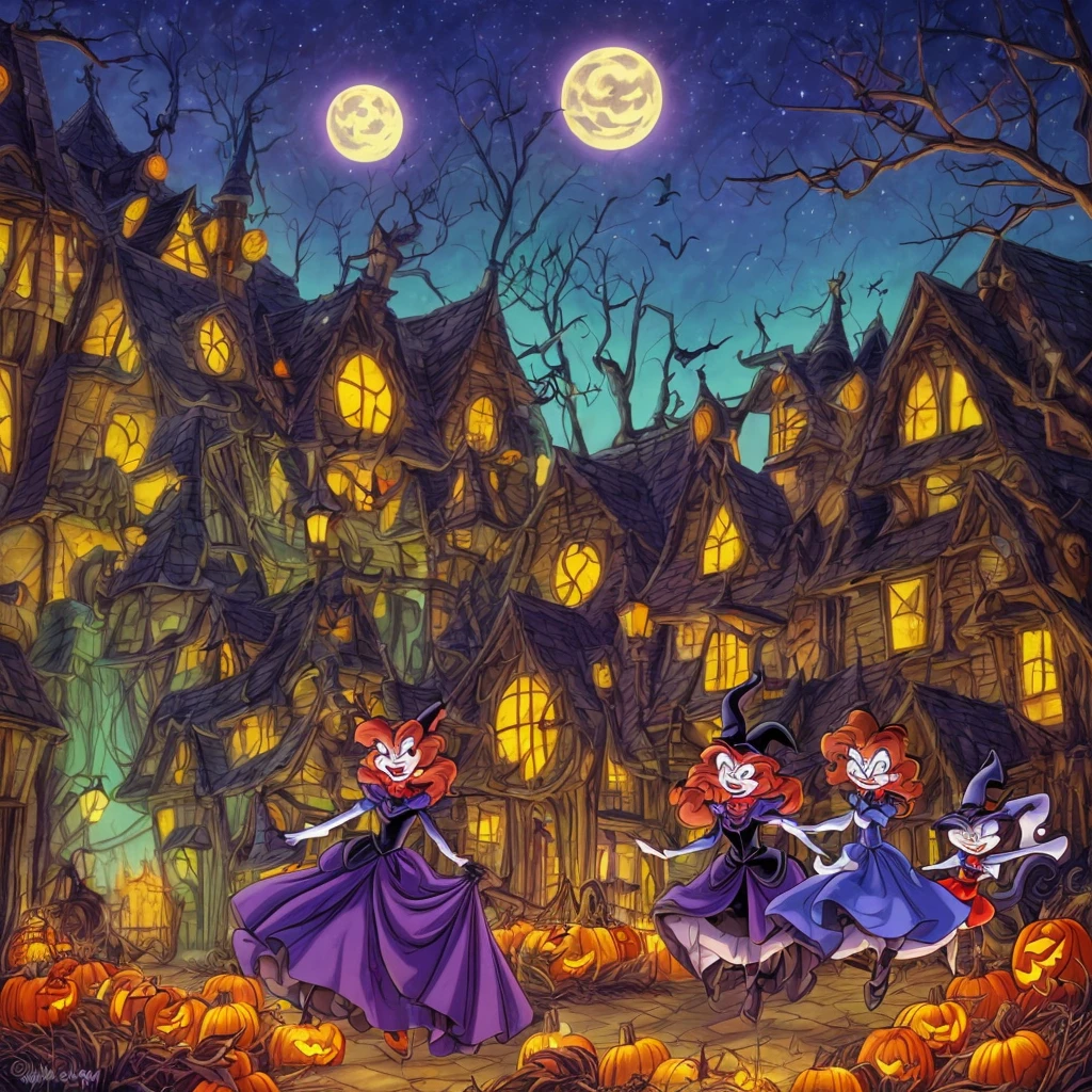 (best quality,4k,highres),looney tunes witches flying through a pumpkin patch at night,racing witches with broomsticks,spooky,comical,pumpkin-filled patch,charmingly detailed pumpkins,colorful witch costumes,full moon lighting,whimsical atmosphere,windswept hair,expressive facial expressions,spider webs,and bats,creepy-crawly crawling spiders,festive Halloween spirit,dynamic motion,laughter and excitement,animated artwork,enchanted fantasy,thrilling witch race,wickedly funny,mesmerizing visual effects,hauntingly beautiful scenery,magical aura,mischievous tricks and spells,nighttime adventure,playful competition,breathtaking sky,illuminating stars