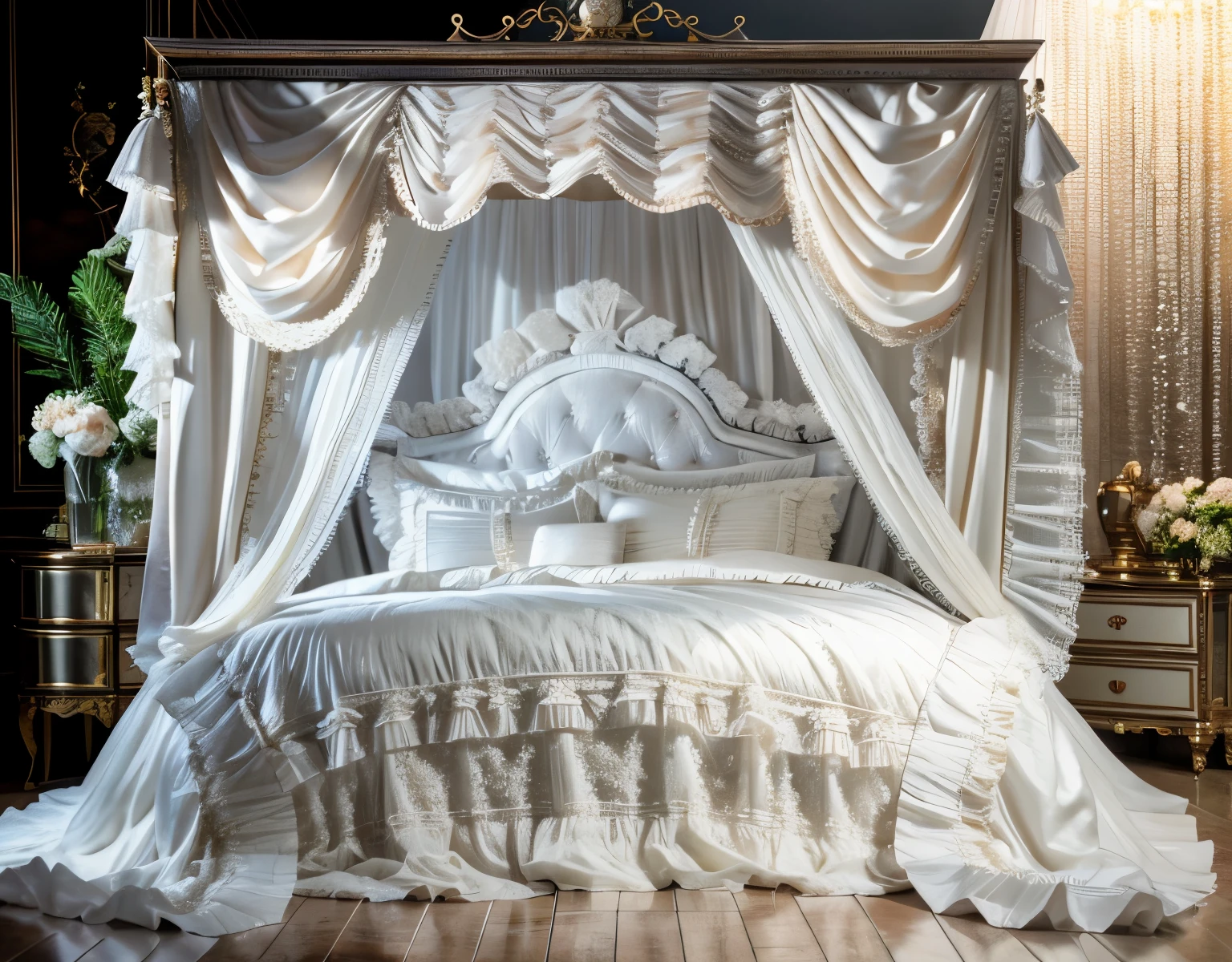 ,highest quality, masterpiece, highest resolution, artwork, super それにget used to it, many get used to it, get used to it, それにget used to it, 3K realistic photos,,Pillow with large frills and ribbons,Detailed pillow,白い贅沢なcanopy bed,canopy bed,Luxury curtains with ruffles in Rococo style,many white frilly pillows on the bed,super detailed background,Detailed bed,Soft round futon,Detailed white duvet cover with lots of ruffles and ribbons,romantic atmosphere,