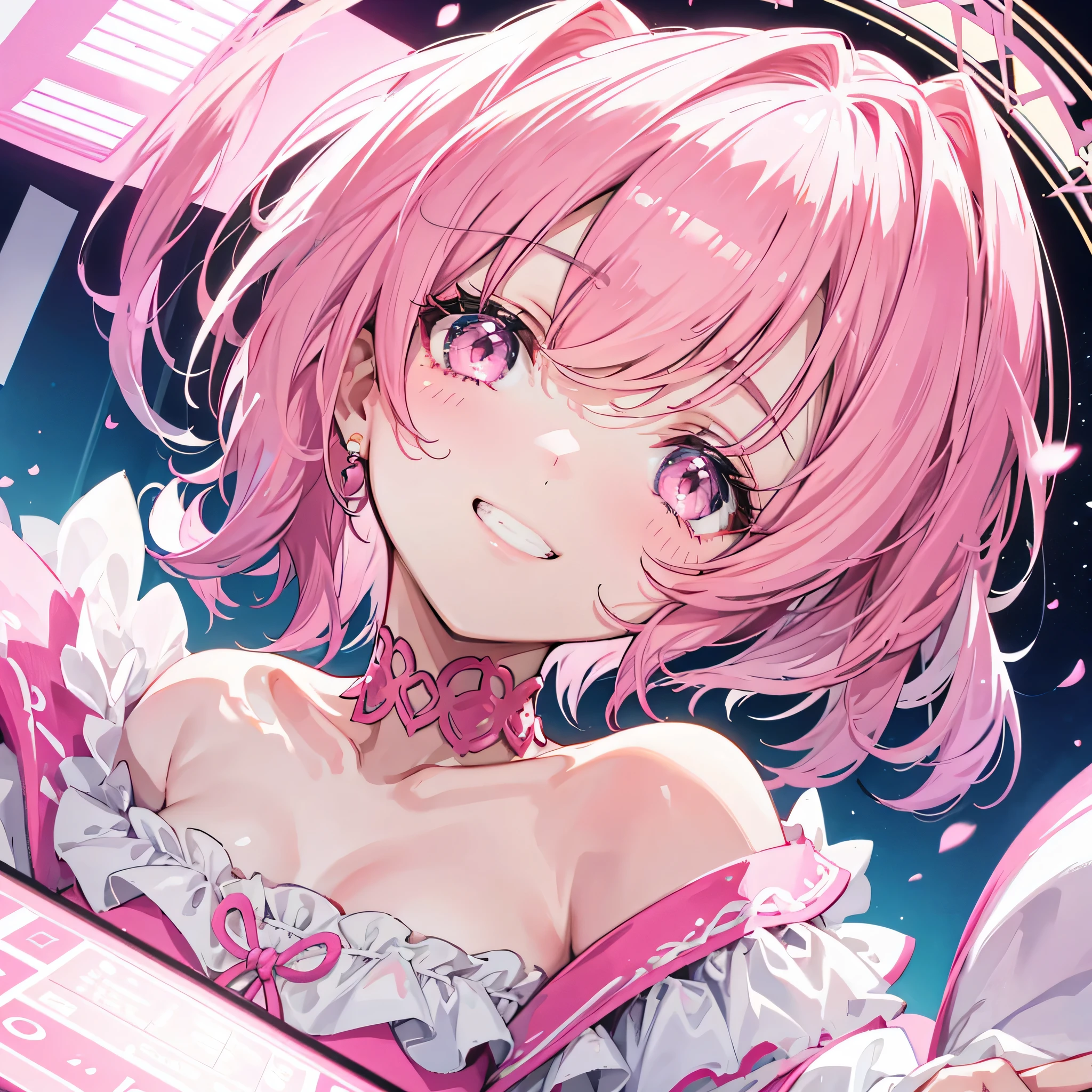 Short off-shoulder hair in pink and white,Rin々nice and lovely girl, grin and laugh, close up of face, In the arcade