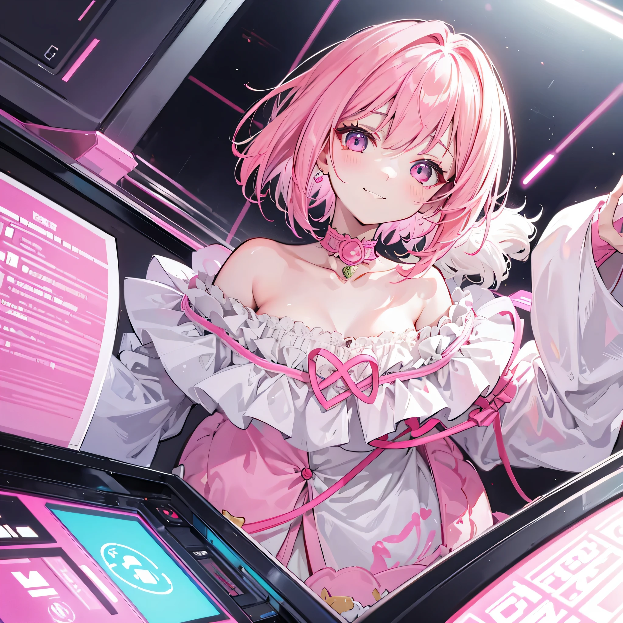 Short off-shoulder hair in pink and white,Rin々nice and lovely girl, grin and laugh, close up of face, In the arcade