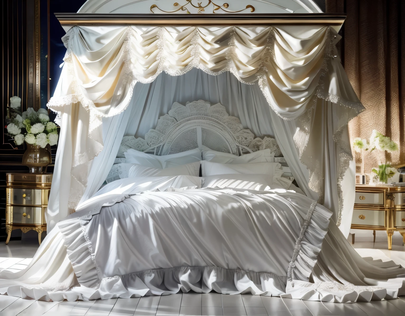 ,highest quality, masterpiece, highest resolution, artwork, super それにget used to it, many get used to it, get used to it, それにget used to it, 3K realistic photos,,Pillow with large frills and ribbons,Detailed pillow,白い贅沢なcanopy bed,canopy bed,Luxury curtains with ruffles in Rococo style,many white frilly pillows on the bed,super detailed background,Detailed bed,Soft round futon,Detailed white duvet cover with lots of ruffles and ribbons,romantic atmosphere,