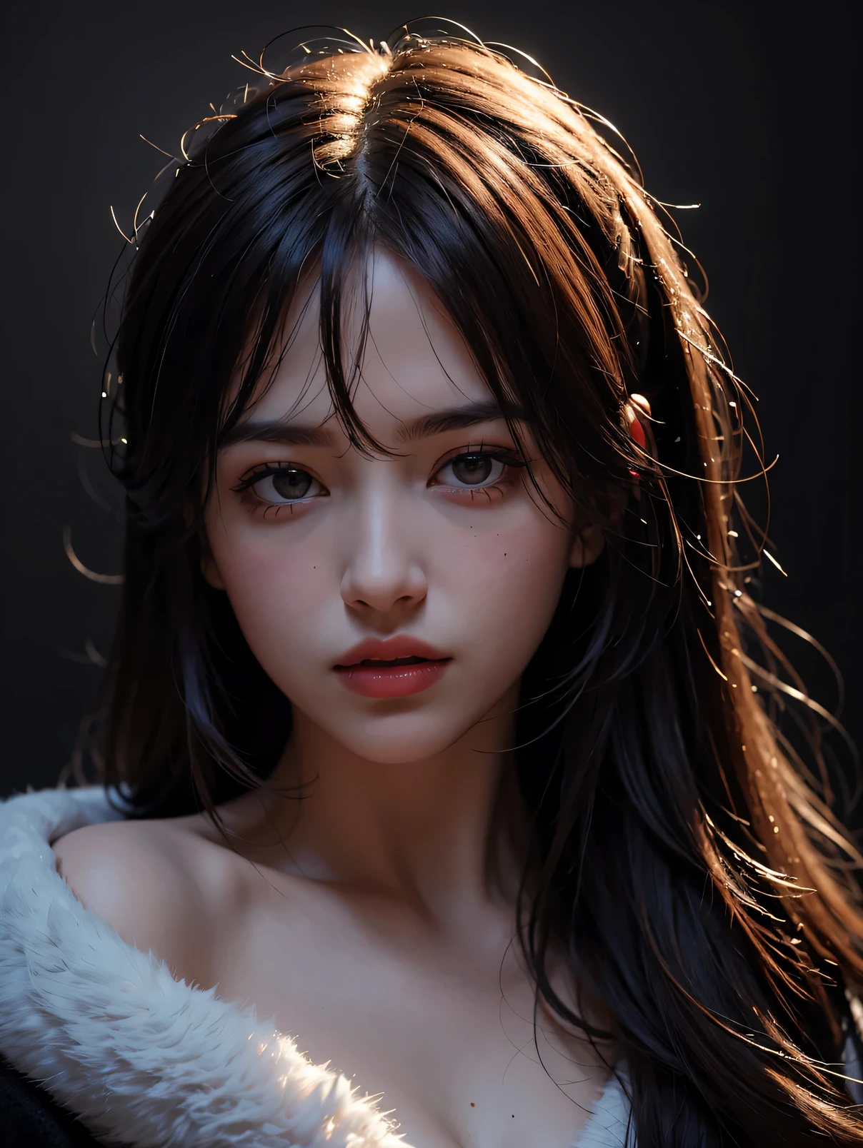 Best quality, masterpiece, ultra high res, (photorealistic:1.4), raw photo, 1girl, offshoulder, in the dark, deep shadow, low key, cold light 
