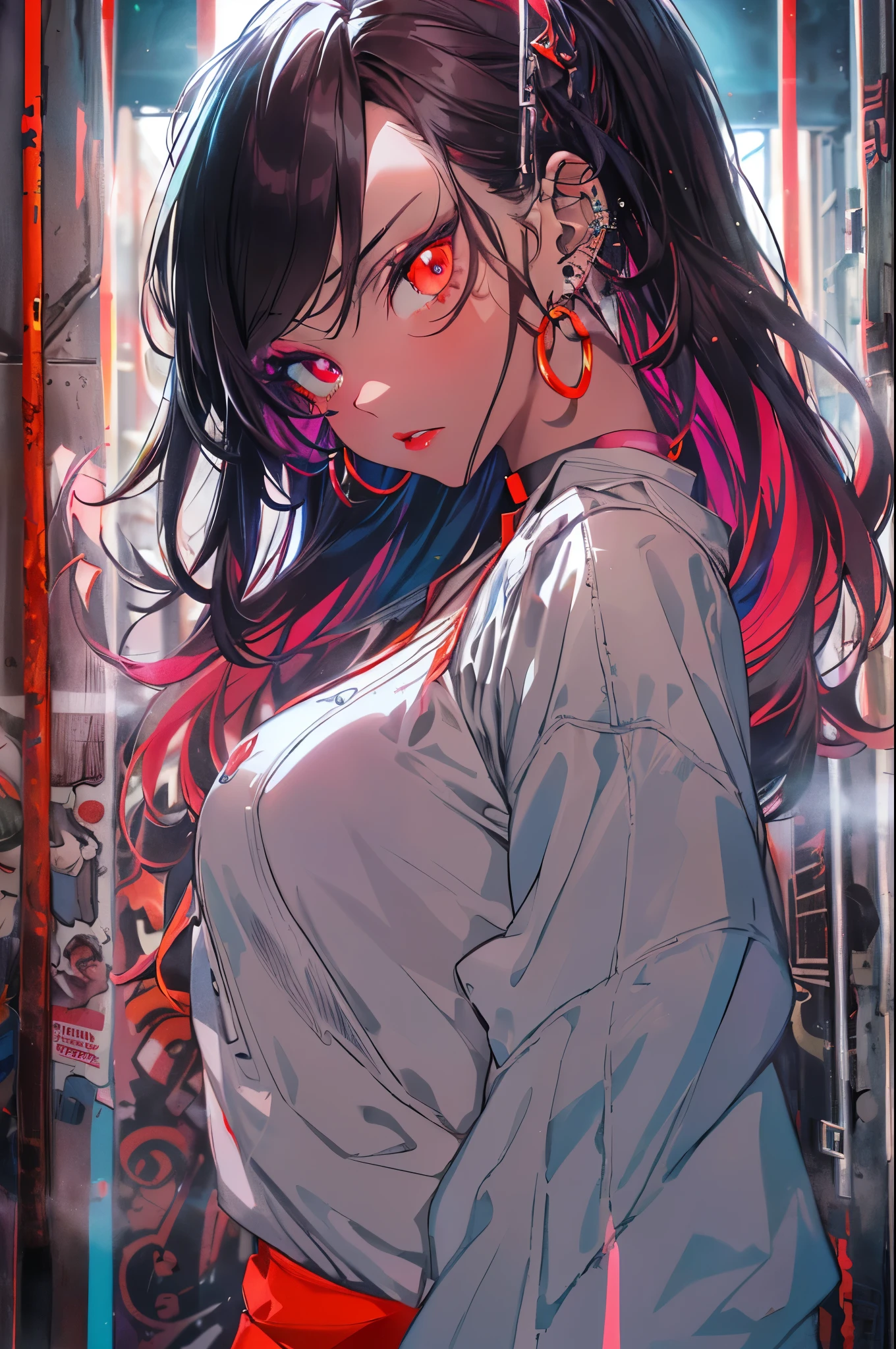 hair above one eye, red eyes, clear eyes, choker, Neon Shirt, torn legwear, open jacket, towards the wall, brick wall, graffiti, shineing grafiti, shineing tattoos, shine, neon light, Black light,anime style, movieポートレート写真, 1 female, 22 years ago, Full body Esbian,Blue eyes background, big and full breasts, anger, (scarlet colored hair), long hair, purple eyes, wearing a short black dress, (natural skin texture vivid details, surreal, (realistic detailed eyes, natural skin texture, realistic facial details), soft and dramatic lighting, Depth of written boundary, Bokeh, vivid details, surreal, 35mm movie, hazy blur, movie,lipstick, ear piercing, eye shadow, hoop earrings, Red-pink lips, 多色のred eyes, purple theme,,Wear an iridescent aura,beautiful eyes,stand in front of the red gate、shrine,Jingumae,bold pose、decide on a pose,upper ponytail,hanging bangs