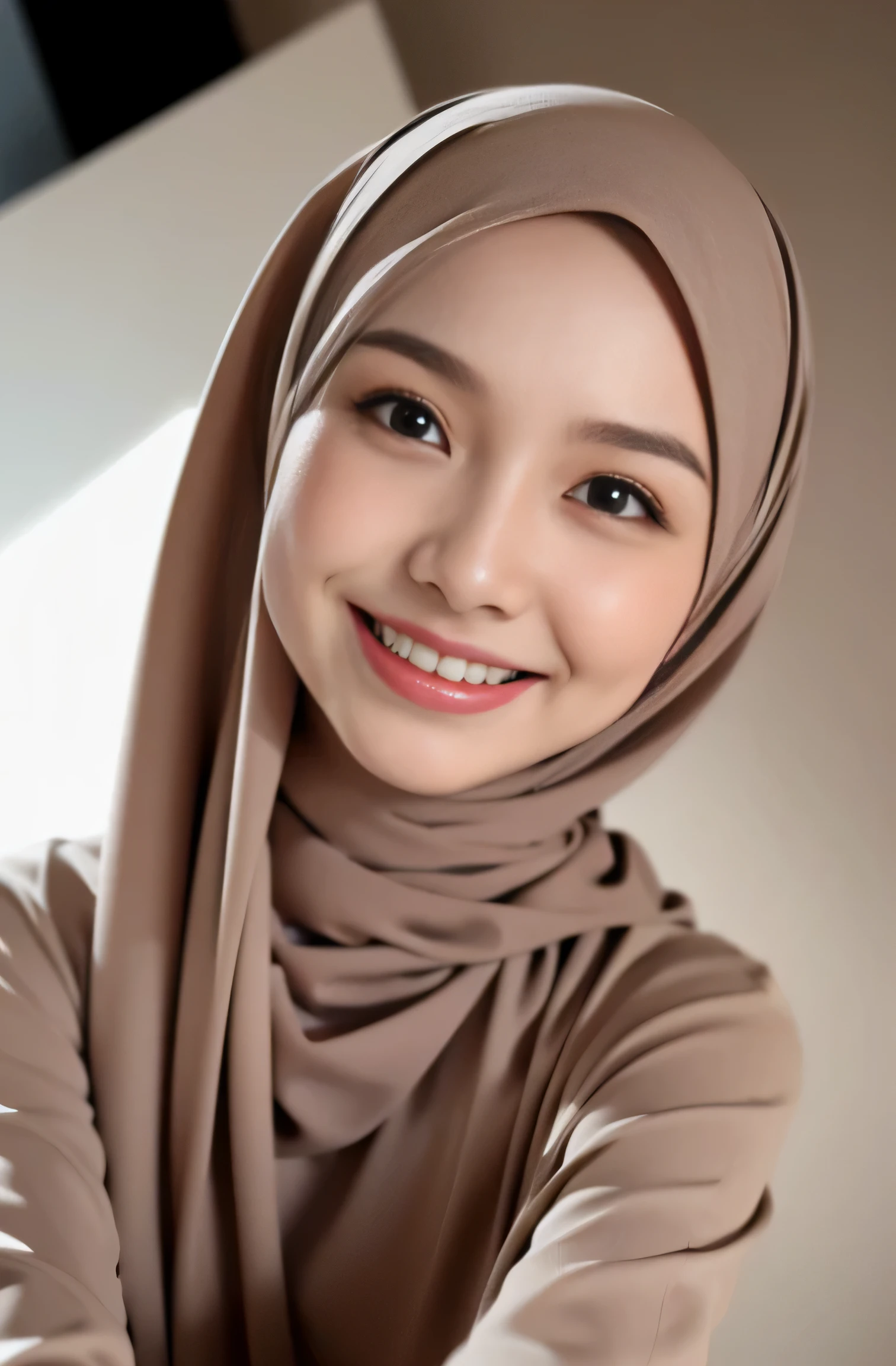 Very very very skinny asian hijab little flat chest, (medium breast, naked:2, nsfw), close up face, dynamic angle, smile showing teeth, photorealistic, high resolution, looking at viewer, sharp focus, detailed, professional lighting, from above