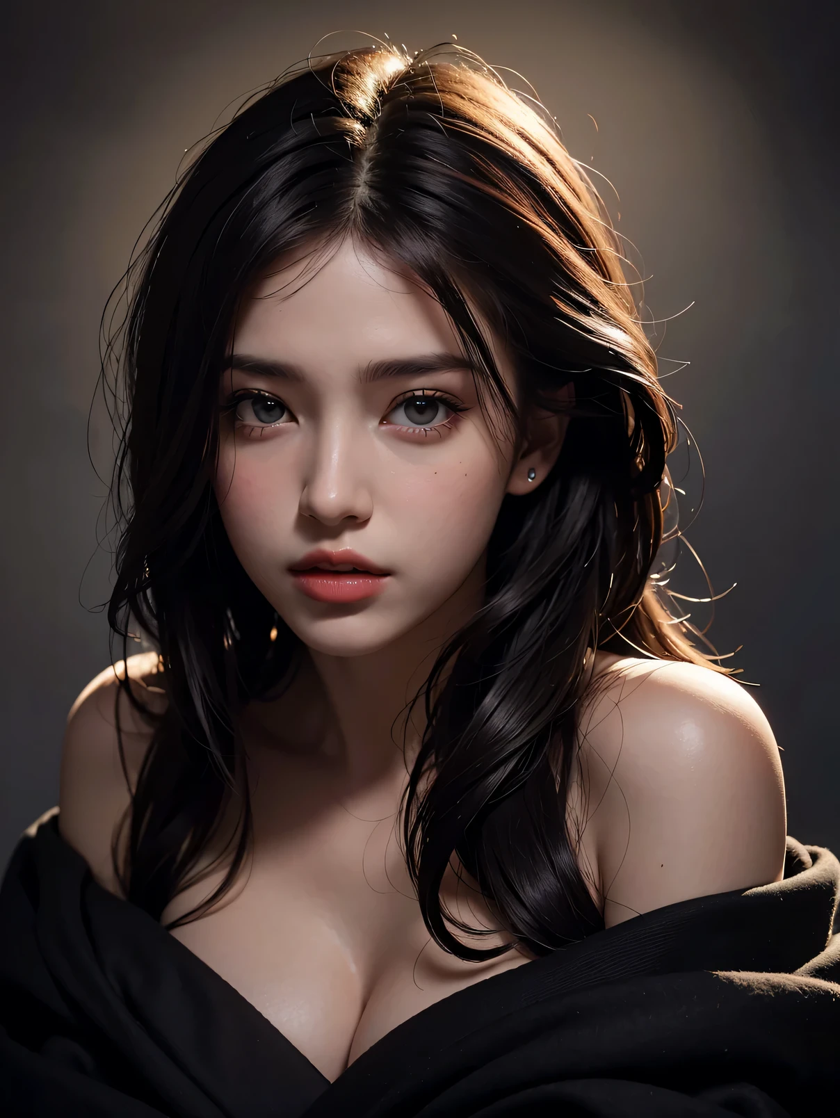 Best quality, masterpiece, ultra high res, (photorealistic:1.4), raw photo, 1girl, offshoulder, in the dark, deep shadow, low key, cold light
