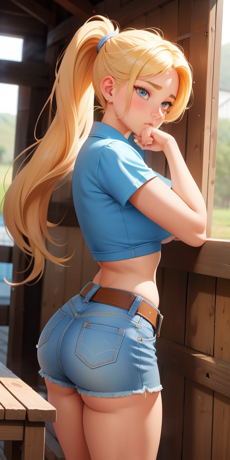 Horse stables ,1girl,shaped pupils, petting a brown horse, blonde hair,blue eyelush:1.1),(speed lines:1.1),medium breasts, ((heavy breathing:1.3)), wearing white crop top, denim booty shorts, cowgirl boots, hair in a ponytail, big butt