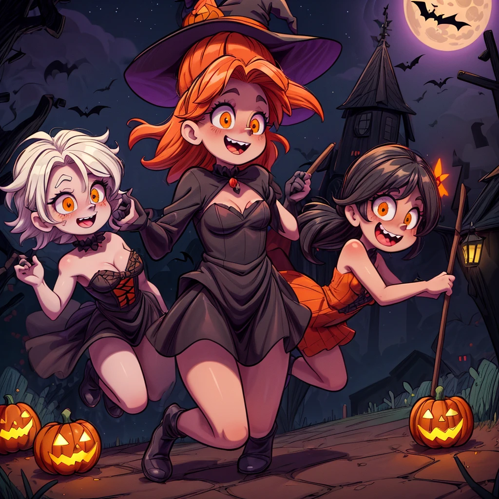 (best quality,4k,highres),looney tunes witches flying through a pumpkin patch at night,racing witches with broomsticks,spooky,comical,pumpkin-filled patch,charmingly detailed pumpkins,colorful witch costumes,full moon lighting,whimsical atmosphere,windswept hair,expressive facial expressions,spider webs,and bats,creepy-crawly crawling spiders,festive Halloween spirit,dynamic motion,laughter and excitement,animated artwork,enchanted fantasy,thrilling witch race,wickedly funny,mesmerizing visual effects,hauntingly beautiful scenery,magical aura,mischievous tricks and spells,nighttime adventure,playful competition,breathtaking sky,illuminating stars