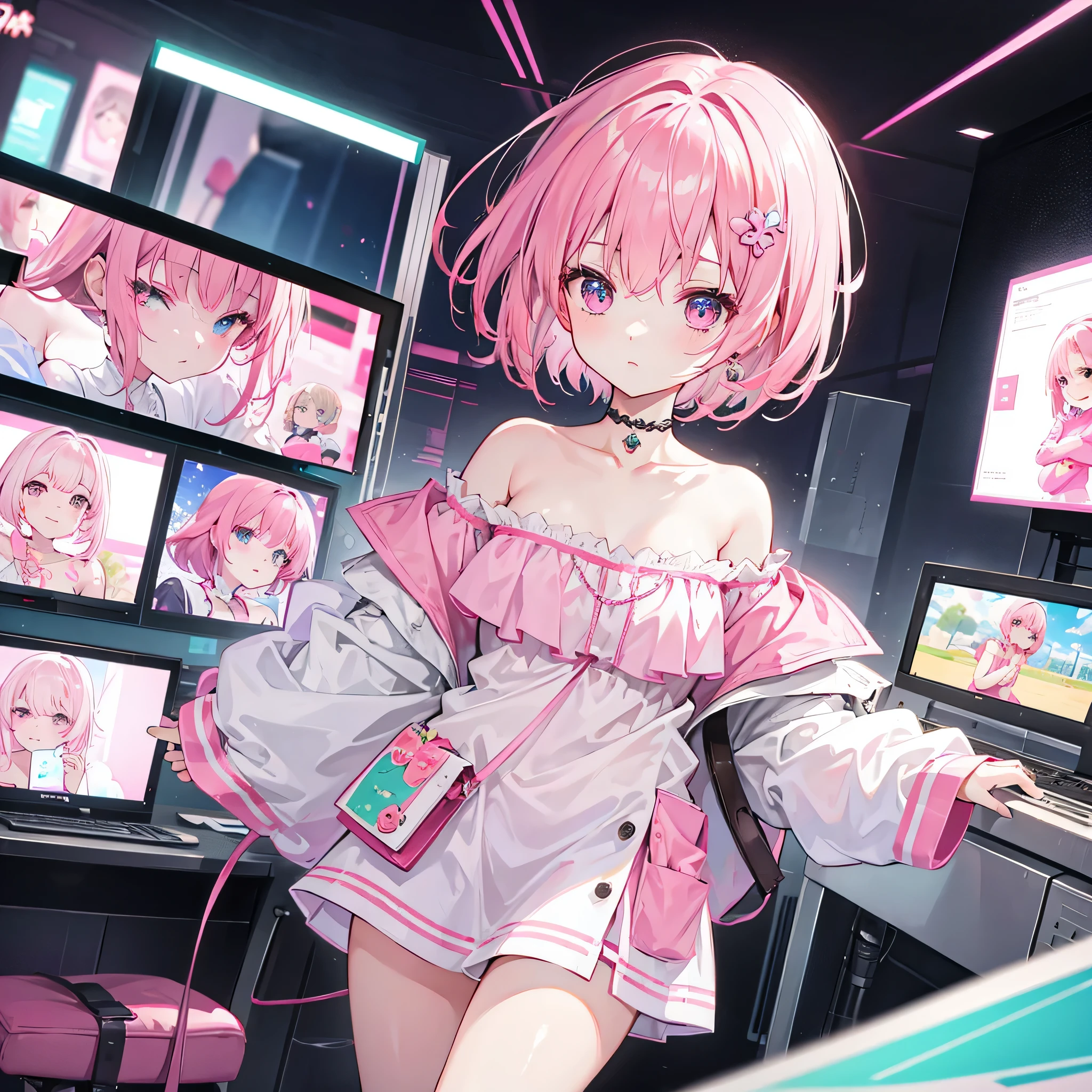 Short off-shoulder hair in pink and white,Rin々nice and lovely girl, In the arcade
