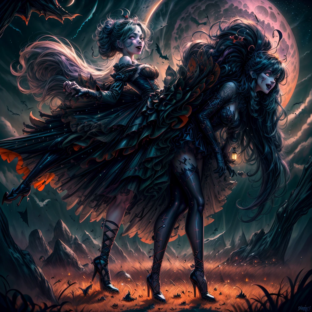 (best quality,4k,highres),looney tunes witches flying through a pumpkin patch at night,racing witches with broomsticks,spooky,comical,pumpkin-filled patch,charmingly detailed pumpkins,colorful witch costumes,full moon lighting,whimsical atmosphere,windswept hair,expressive facial expressions,spider webs,and bats,creepy-crawly crawling spiders,festive Halloween spirit,dynamic motion,laughter and excitement,animated artwork,enchanted fantasy,thrilling witch race,wickedly funny,mesmerizing visual effects,hauntingly beautiful scenery,magical aura,mischievous tricks and spells,nighttime adventure,playful competition,breathtaking sky,illuminating stars
