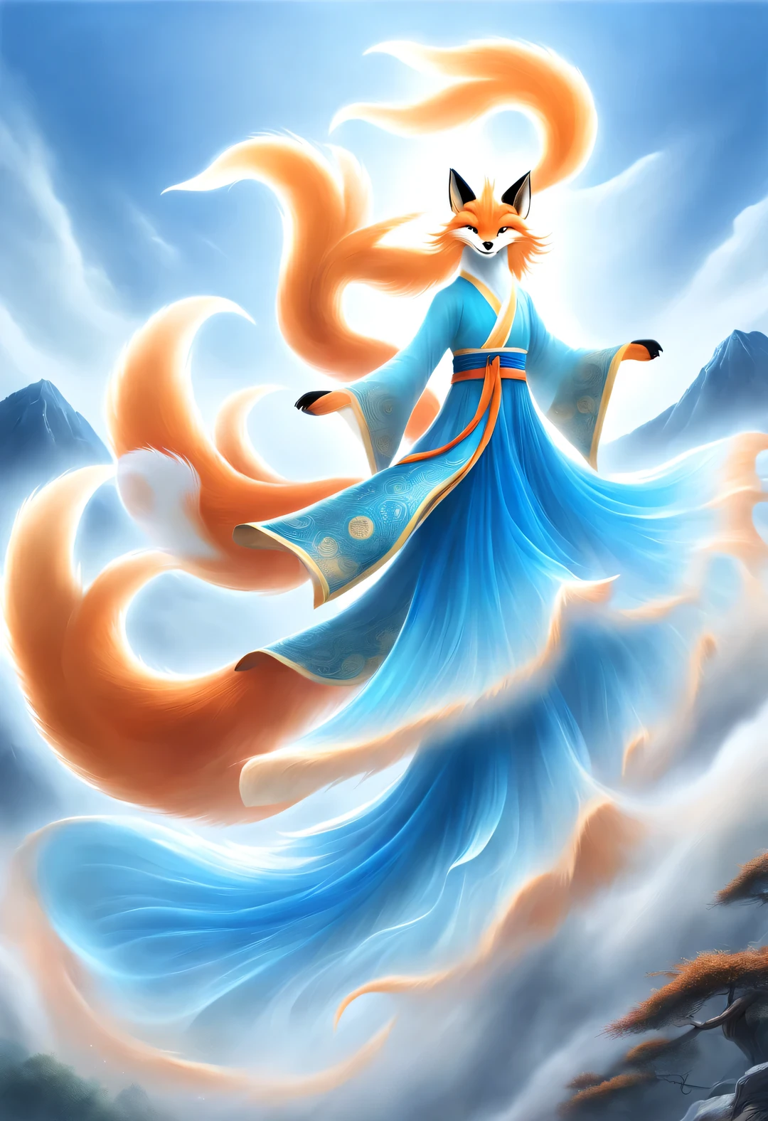 nine-tailed fox, The mythical beasts in ancient Chinese Classic of Mountains and Seas, fly high into the sky.，Look back and smile，back，a fox face，Half body，，Some of the nine tails are translucent，All the tails spread out wildly like a big skirt.，The edge of the tail emits light blue light，