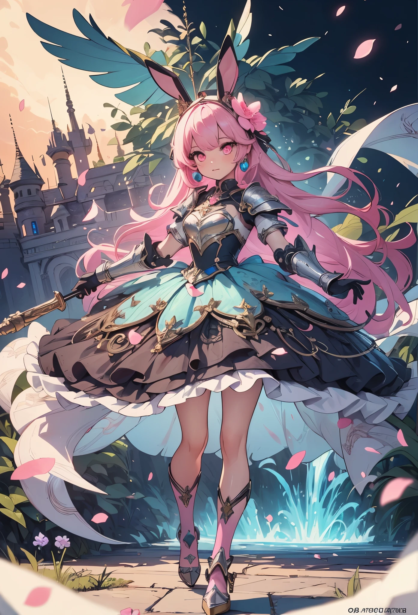 ((Highly accurate drawing in every detail)Extremely precise depiction)[High resolution],(detailed illustrations,とてもfineで緻密な描画,Delicate drawn lines with tempo,Realistic texture expression),[color traced main line],(fantasy world battlefield [burning castle]),(GIRL ROBOT 12yo (pink rabbit [METALFACE[clear lenticular iris]])) [WEAPON MACHINE],(([petal] metal dress [frills]) [flower pattern] [Clear pink translucent armor that covers the body surface]) [ribbon]) [Energy tubes that glow at the joints],[use a sledgehammer as a weapon],[[Mobile Weapon Gigant Size][science fiction mechanical]],(Metallic luster on metal parts),(intricate and beautiful decoration [Dense detail]),(Precisely drawn face)[perfect eye details(Beautifully detailed iris)(Eyes like deep jewels)],(eyes light[Pinpoint lighting for the eyes]),[long and beautiful eyelashes],[precisely drawn hair [Beautiful and shiny hair details]],(perfect hand details [Beautiful fingers with no damage [beautiful nails]]),(perfect anatomy(perfectly balanced proportions))[[full body portrait]],[ideal color coordination(Accurate simulation of light and material interactions)],[Visual art that tells a story],((highest quality)fine[[High density drawing]])(4K Quality).
