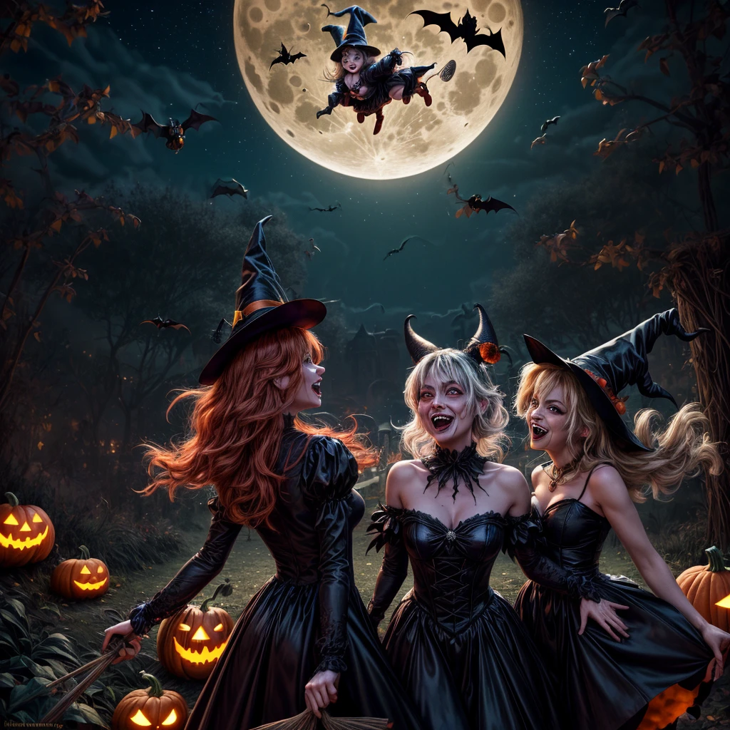 (best quality,4k,highres),looney tunes witches flying through a pumpkin patch at night,racing witches with broomsticks,spooky,comical,pumpkin-filled patch,charmingly detailed pumpkins,colorful witch costumes,full moon lighting,whimsical atmosphere,windswept hair,expressive facial expressions,spider webs,and bats,creepy-crawly crawling spiders,festive Halloween spirit,dynamic motion,laughter and excitement,animated artwork,enchanted fantasy,thrilling witch race,wickedly funny,mesmerizing visual effects,hauntingly beautiful scenery,magical aura,mischievous tricks and spells,nighttime adventure,playful competition,breathtaking sky,illuminating stars