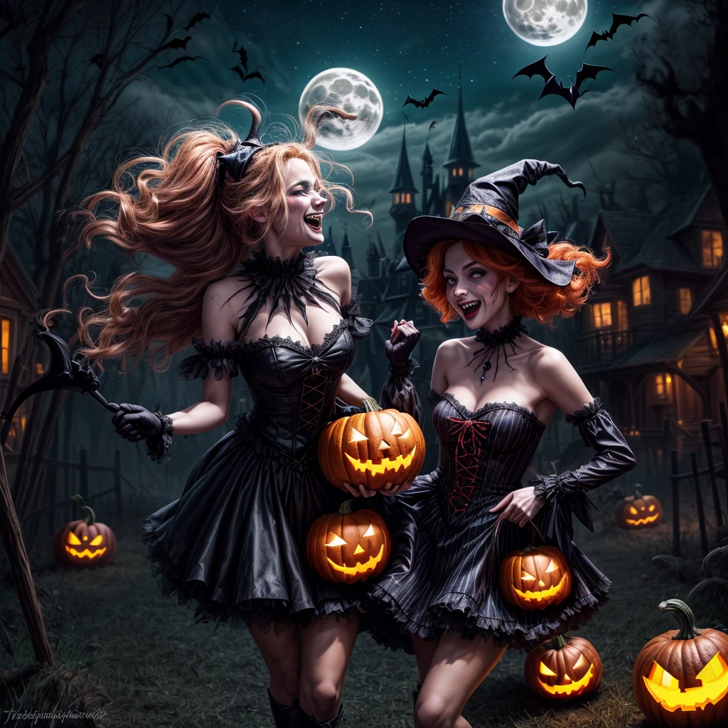 (best quality,4k,highres),looney tunes witches flying through a pumpkin patch at night,racing witches with broomsticks,spooky,comical,pumpkin-filled patch,charmingly detailed pumpkins,colorful witch costumes,full moon lighting,whimsical atmosphere,windswept hair,expressive facial expressions,spider webs,and bats,creepy-crawly crawling spiders,festive Halloween spirit,dynamic motion,laughter and excitement,animated artwork,enchanted fantasy,thrilling witch race,wickedly funny,mesmerizing visual effects,hauntingly beautiful scenery,magical aura,mischievous tricks and spells,nighttime adventure,playful competition,breathtaking sky,illuminating stars