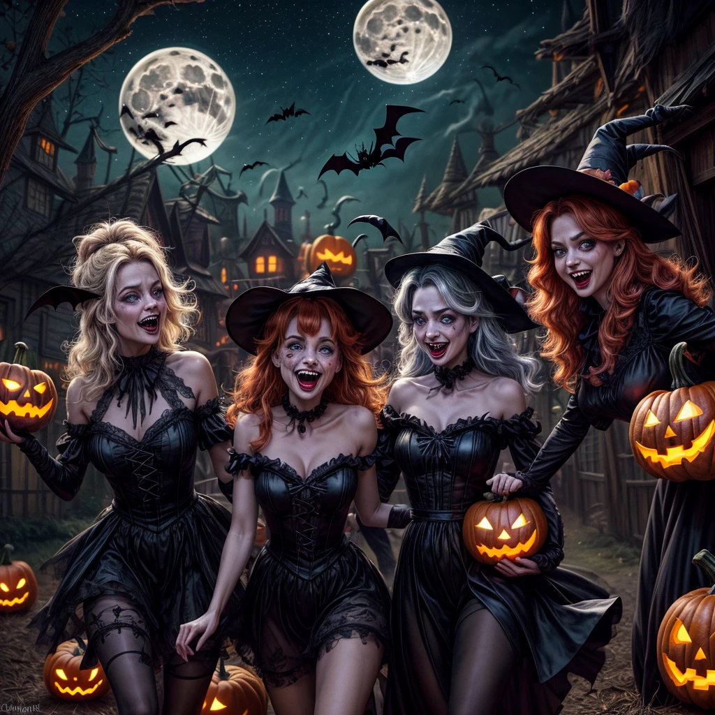 (best quality,4k,highres),looney tunes witches flying through a pumpkin patch at night,racing witches with broomsticks,spooky,comical,pumpkin-filled patch,charmingly detailed pumpkins,colorful witch costumes,full moon lighting,whimsical atmosphere,windswept hair,expressive facial expressions,spider webs,and bats,creepy-crawly crawling spiders,festive Halloween spirit,dynamic motion,laughter and excitement,animated artwork,enchanted fantasy,thrilling witch race,wickedly funny,mesmerizing visual effects,hauntingly beautiful scenery,magical aura,mischievous tricks and spells,nighttime adventure,playful competition,breathtaking sky,illuminating stars
