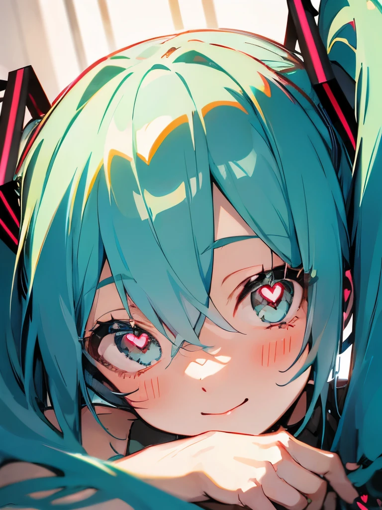 mature female, smiling, young adult, 20s, skinny, hatsune_miku_ecsta,
hatsune miku,
aqua hair, blush,  heart-shaped_pupils, face closeup