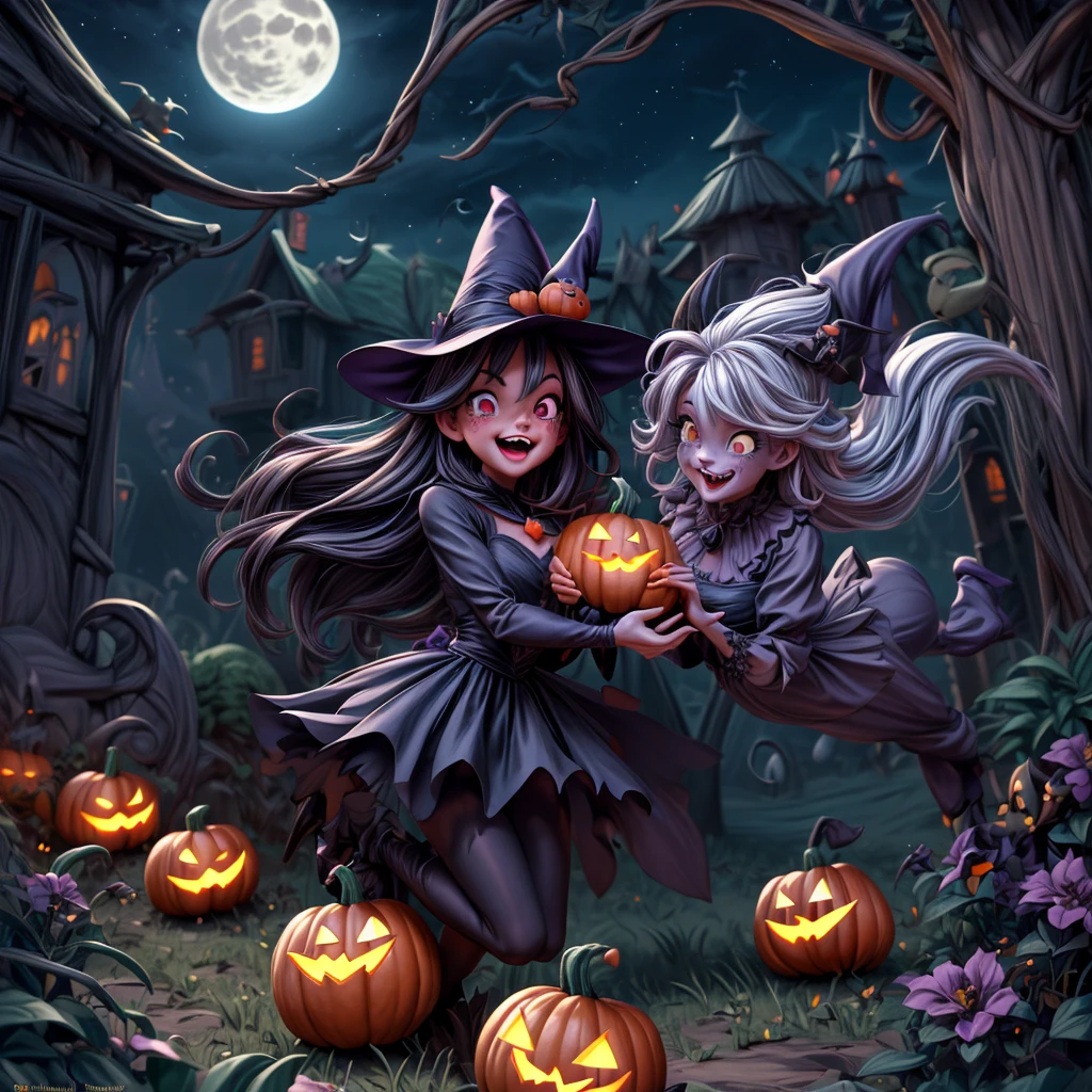 (best quality,4k,highres),looney tunes witches flying through a pumpkin patch at night,racing witches with broomsticks,spooky,comical,pumpkin-filled patch,charmingly detailed pumpkins,colorful witch costumes,full moon lighting,whimsical atmosphere,windswept hair,expressive facial expressions,spider webs,and bats,creepy-crawly crawling spiders,festive Halloween spirit,dynamic motion,laughter and excitement,animated artwork,enchanted fantasy,thrilling witch race,wickedly funny,mesmerizing visual effects,hauntingly beautiful scenery,magical aura,mischievous tricks and spells,nighttime adventure,playful competition,breathtaking sky,illuminating stars