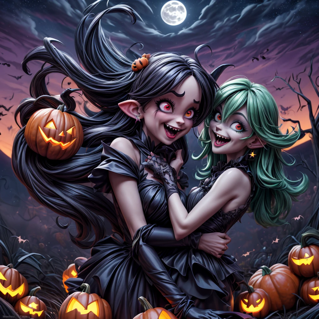 (best quality,4k,highres),looney tunes witches flying through a pumpkin patch at night,racing witches with broomsticks,spooky,comical,pumpkin-filled patch,charmingly detailed pumpkins,colorful witch costumes,full moon lighting,whimsical atmosphere,windswept hair,expressive facial expressions,spider webs,and bats,creepy-crawly crawling spiders,festive Halloween spirit,dynamic motion,laughter and excitement,animated artwork,enchanted fantasy,thrilling witch race,wickedly funny,mesmerizing visual effects,hauntingly beautiful scenery,magical aura,mischievous tricks and spells,nighttime adventure,playful competition,breathtaking sky,illuminating stars