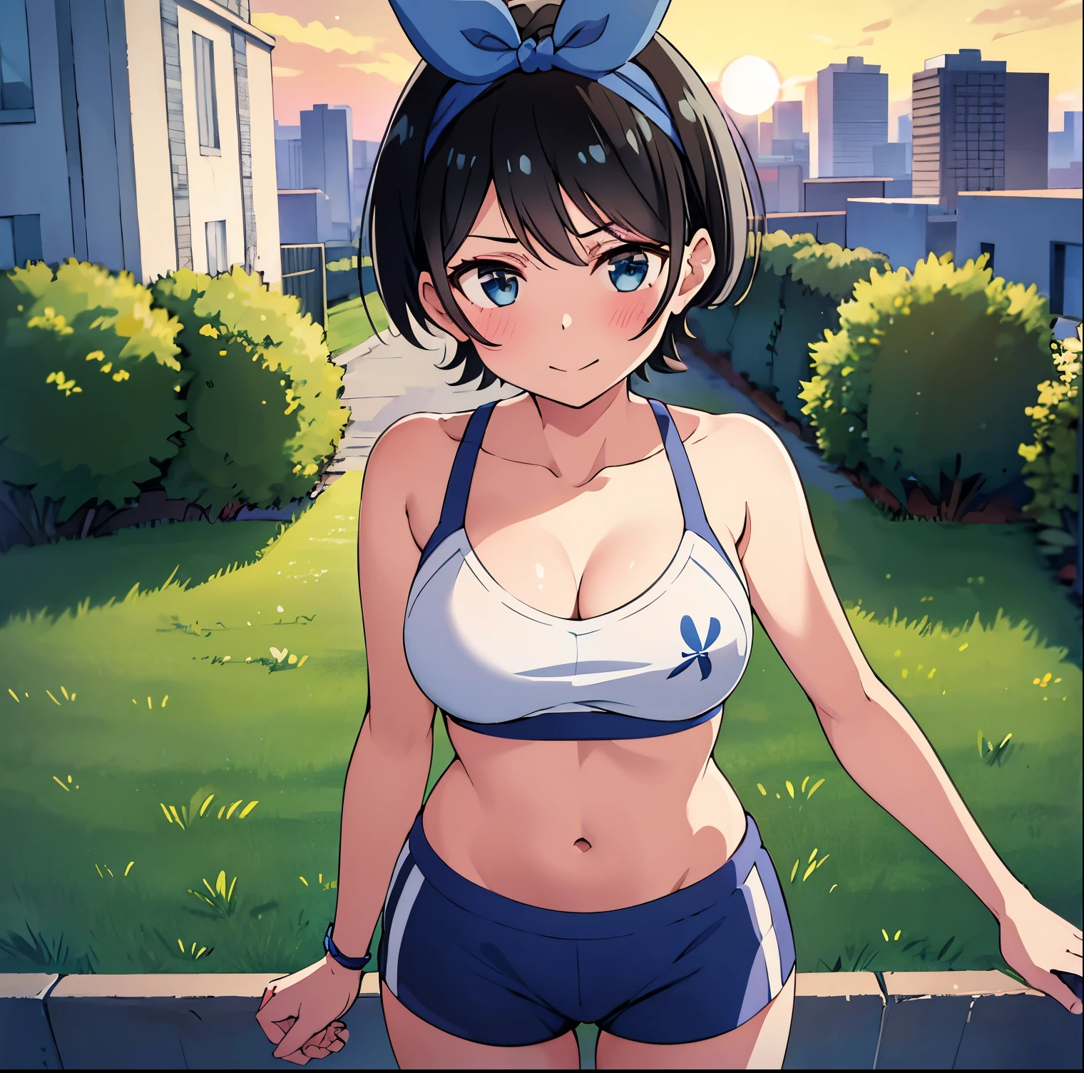 1girl, alone, ruka sarashina, main piece, high quality, high resolution, blue bow, a woman with dark hair, short hair, black hair, blue eyes, white sports bra, black sports pants with white stripes, black bow, bow , blue headband, bangs, big full breasts, cleavage, medium waist, medium hips, wide thighs, cowboy photo, smile, seductive, embarrassed, jogging, park, sunset, looking at viewer, pov (from above) ,excellent hands, excellent anatomy