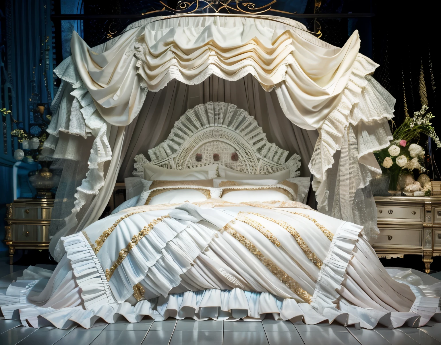 ,highest quality, masterpiece, highest resolution, artwork, super それにget used to it, many get used to it, get used to it, それにget used to it, 3K realistic photos,,Pillow with large frills and ribbons,Detailed pillow,白い贅沢なcanopy bed,canopy bed,Luxury curtains with ruffles in Rococo style,many white frilly pillows on the bed,super detailed background,Detailed bed,Soft round futon,Detailed white duvet cover with lots of ruffles and ribbons,romantic atmosphere,