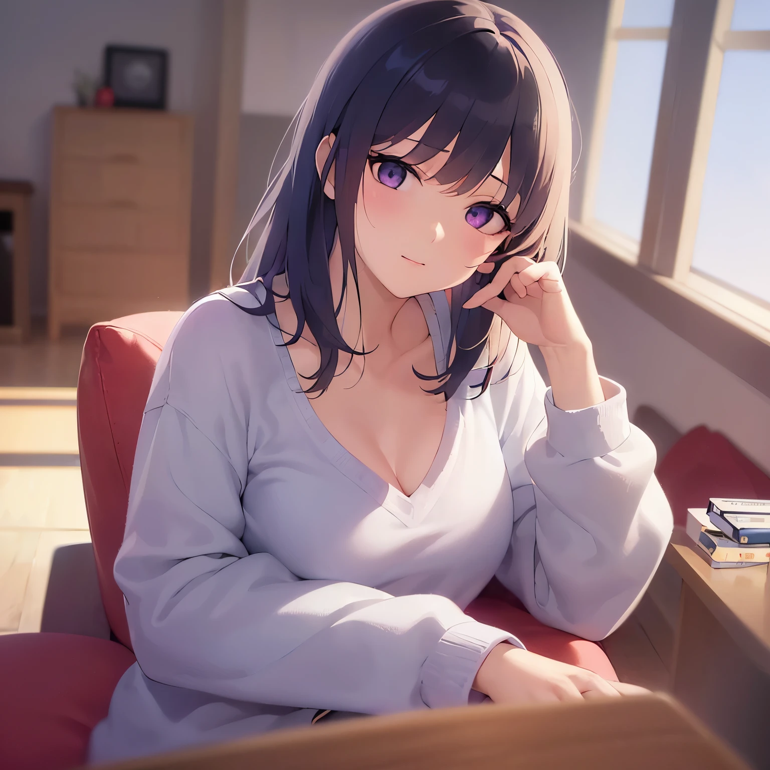 medium shot, Stroking cheek, Shooting from below, POV、Realistic, real person, RAW photo, photorealistic, portrait photography, shiny skin, japanese idol、(A 20-year-old woman with black bangs and purple eyes.) and (blunt bangs) and (straight midium hair), cleavage, (Wearing a blue V-neck cut-and-sew shirt:1.5)、(sleepy:1.5), The background is the living room、Alone、sitting