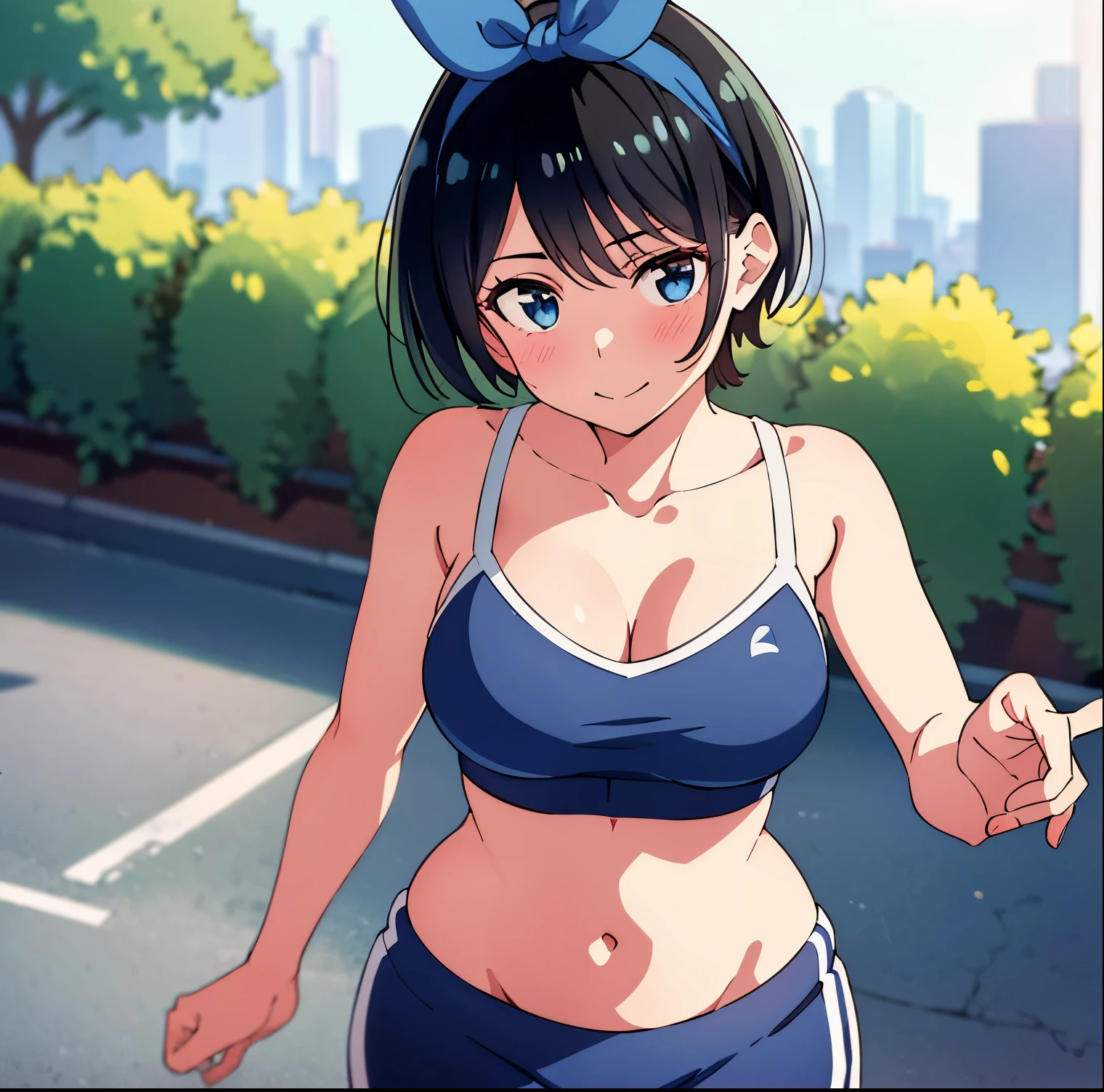 1girl, alone, ruka sarashina, main piece, high quality, high resolution, blue bow, a woman with dark hair, short hair, black hair, blue eyes, white sports bra, black sports pants with white stripes, black bow, bow , blue headband, bangs, big full breasts, cleavage, medium waist, medium hips, wide thighs, cowboy photo, smile, seductive, embarrassed, jogging, park, sunset, looking at viewer, pov (from above) ,excellent hands, excellent anatomy