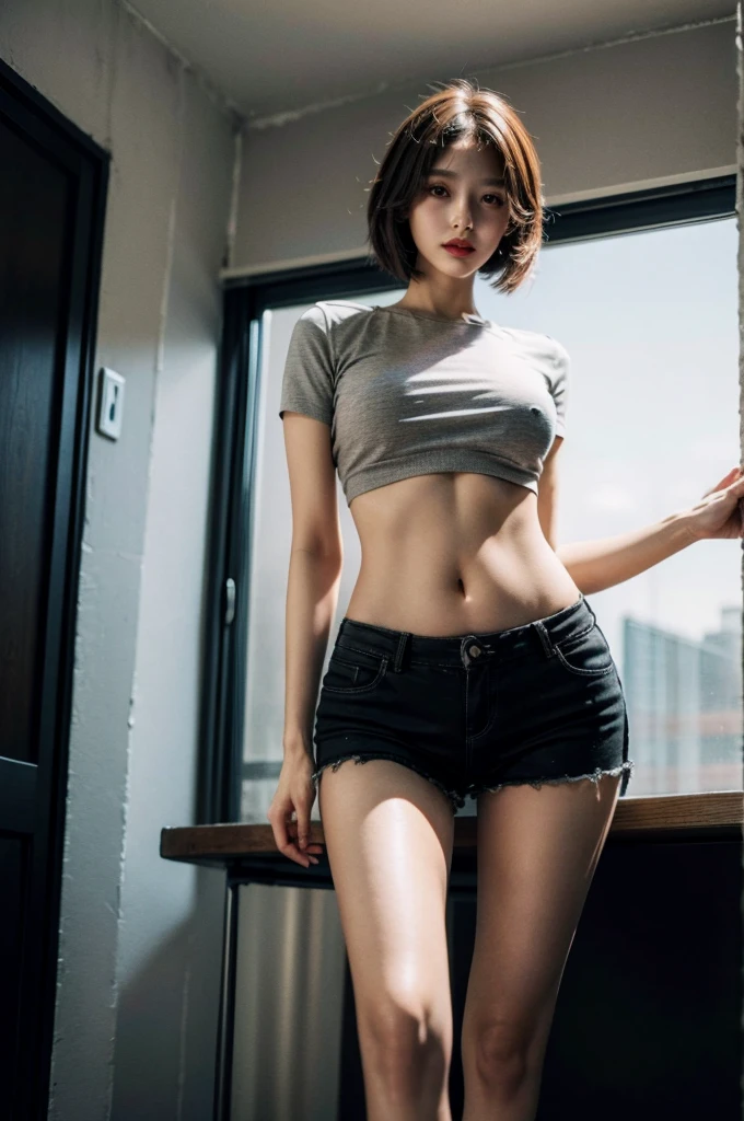 best quality， masterpiece， high resolution，8k，（realistically：1.4），超high resolution，1 girl， Super detailed， Surreal， Very detailed CG illustrations， official art， light， actual， young beautiful girl， Perfect body， Perfect body， Full view， Perfect body， （start from below：1.3）， 的posture， Sexy long legs， confident， Beautiful and sexy， Gray short sleeves， open belly， Black super shorts， S-shaped body， Cocked buttocks，placed in a，posture，Different perspectives，atmospheric distance sense，Display high，Show leg length