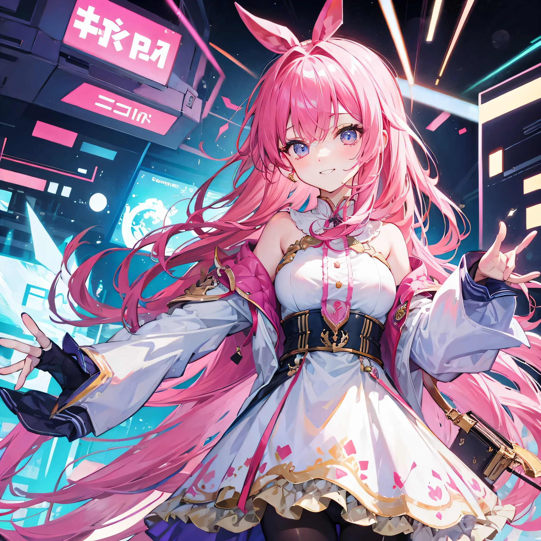 Pink and white hair,Rin々nice and lovely girl, grin and laugh, close up of face, In the arcade