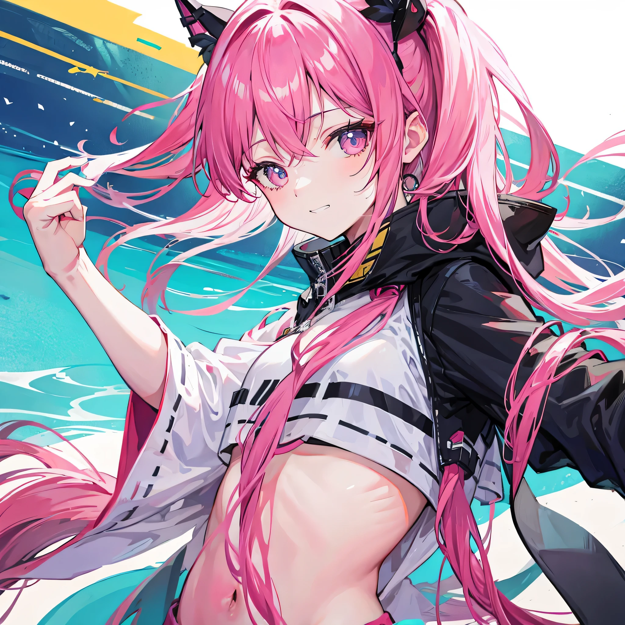 Pink and white hair,Rin々nice and lovely girl, grin and laugh, close up of face, In the arcade