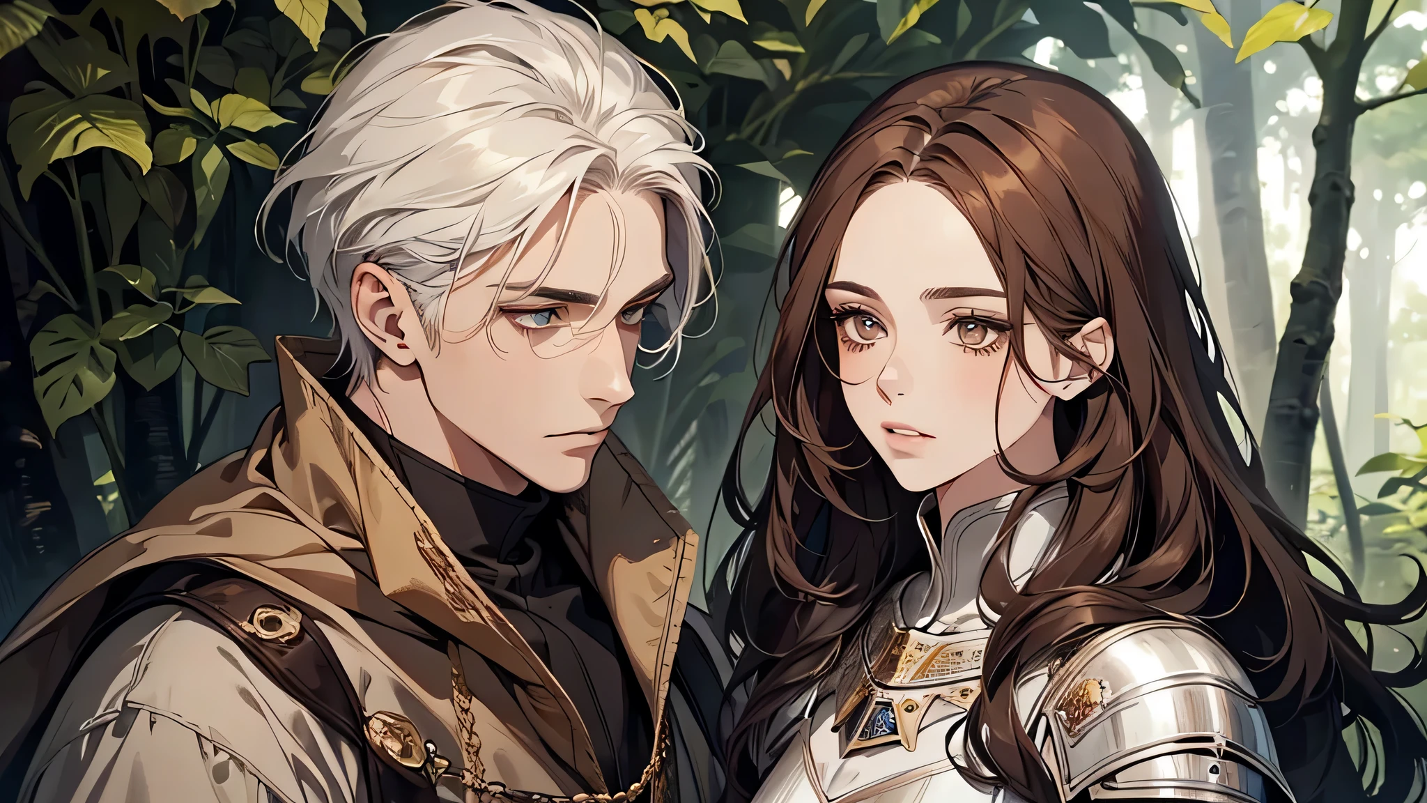 1 handsome man, 1 beautiful girl, man in white hair, girl in brown hair, in a forest, medieval times, knight, confused face, face detailed, plump lips, no expression, calm face, detailed eyes, detailed nose