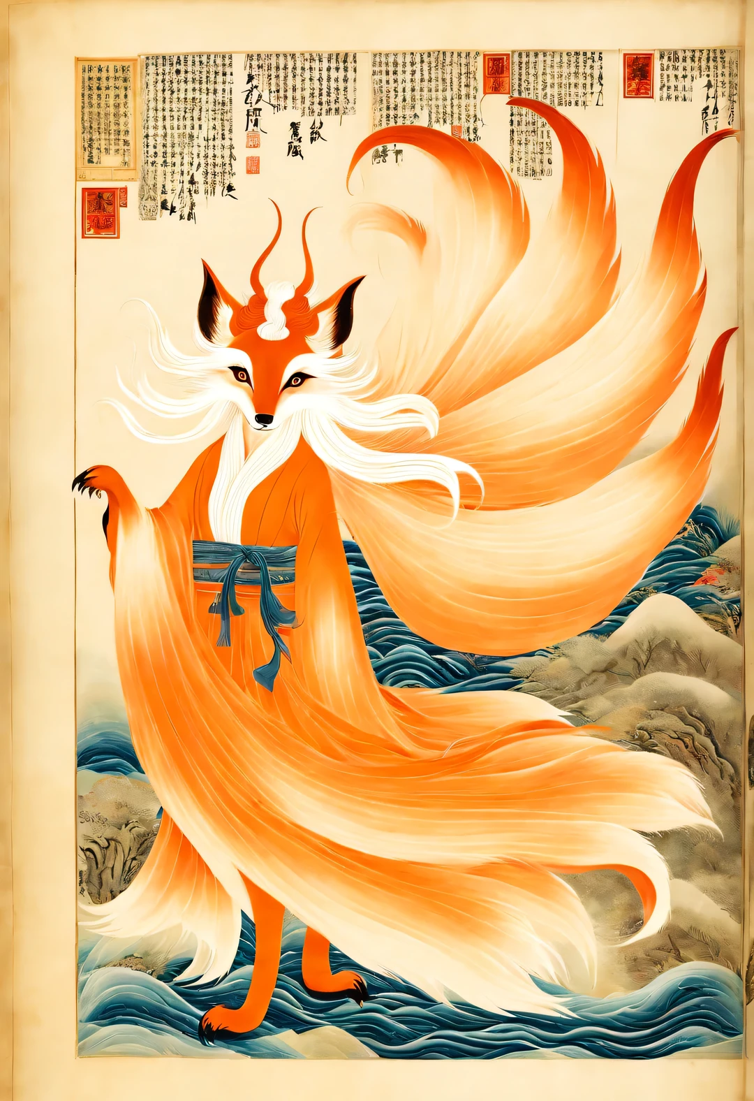 The nine-tailed fox, the mythical beast in ancient Chinese Classic of Mountains and Seas，a fox face，Half body，Some of the nine tails are translucent，All the tails spread out wildly like a big skirt.