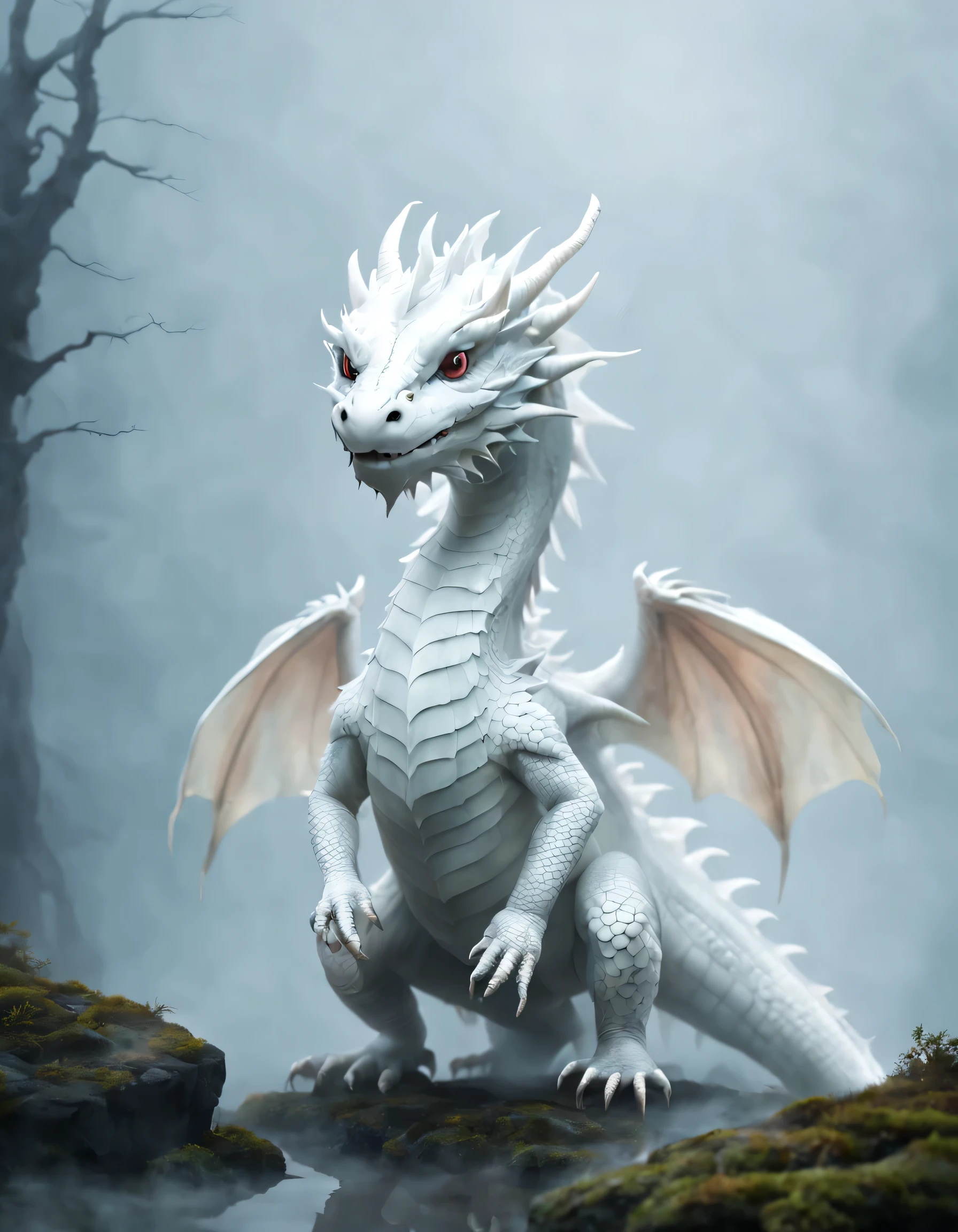 Cute little white dragon in thick fog