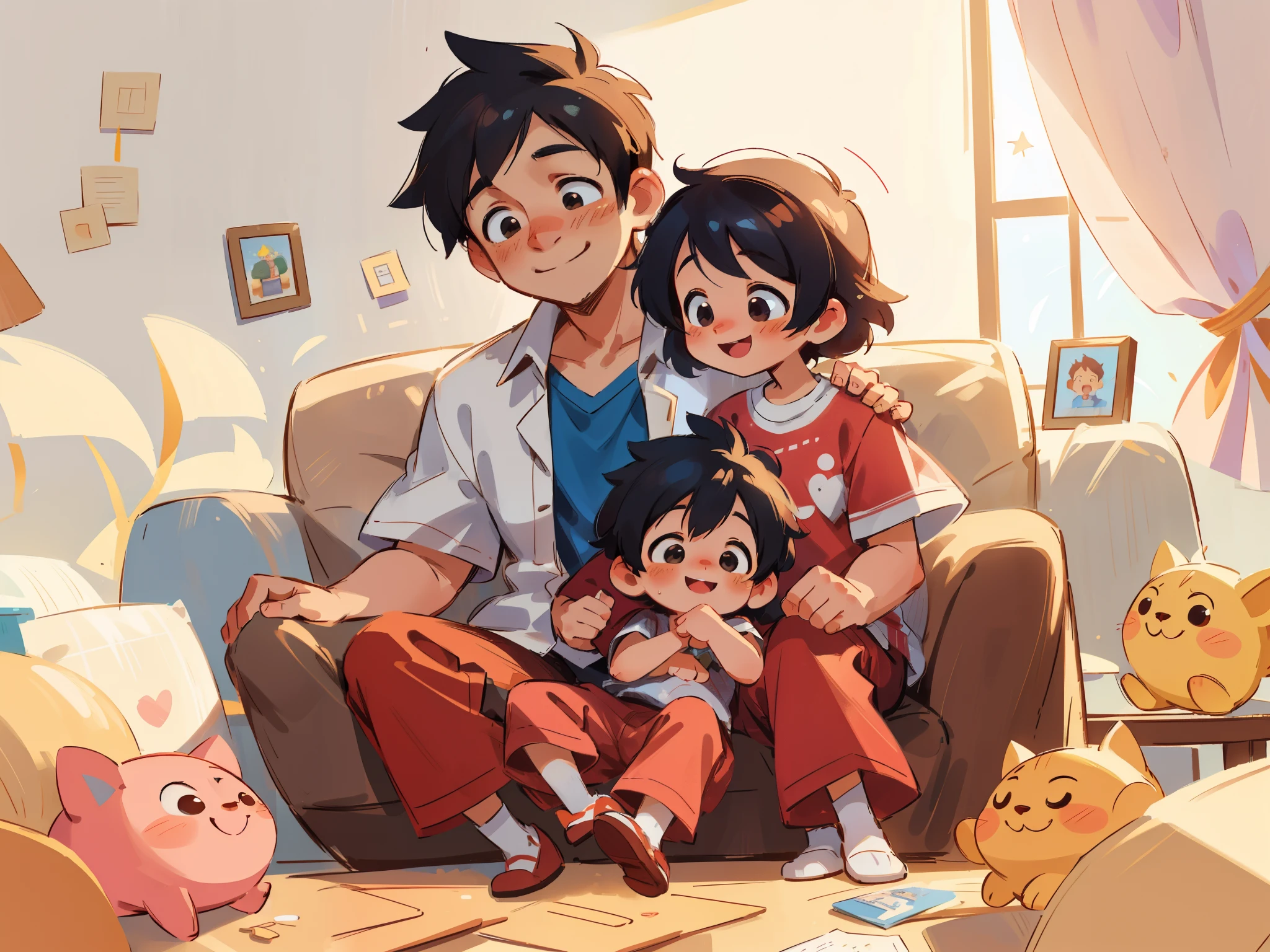A happy family of three,closeup, Continuous shots, cinematic immersion, storytelling, a home full of love and warmth. A father sitting on the sofa holding a -yead boyom looked at us gently, and the air was filled with a sense of happiness. Children's picture book, kid story,gh salvation color,