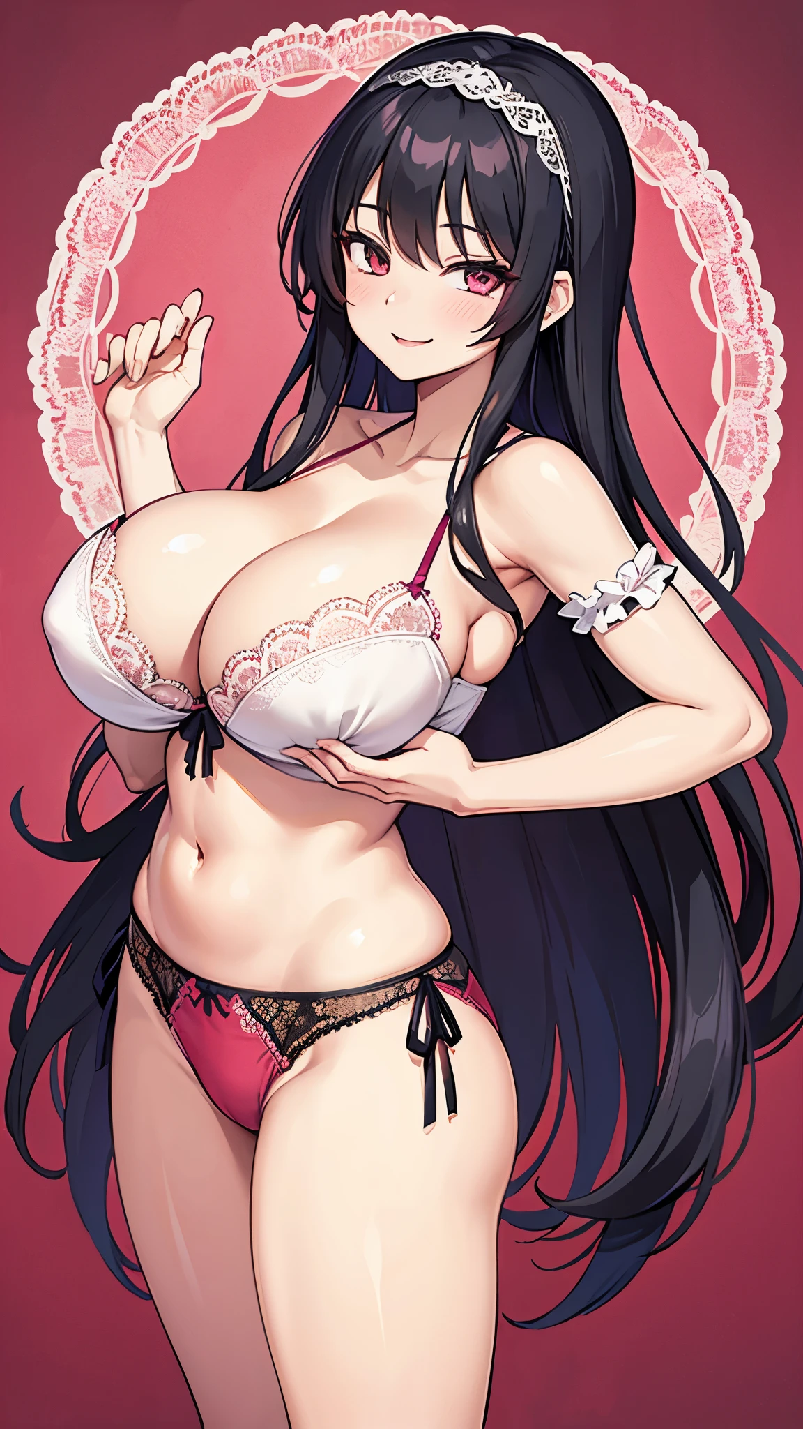 the art style of Kurosu Gatari, milf, lace embroidery bra & panties, long hair, ultra huge breast, Happy smile,MILF