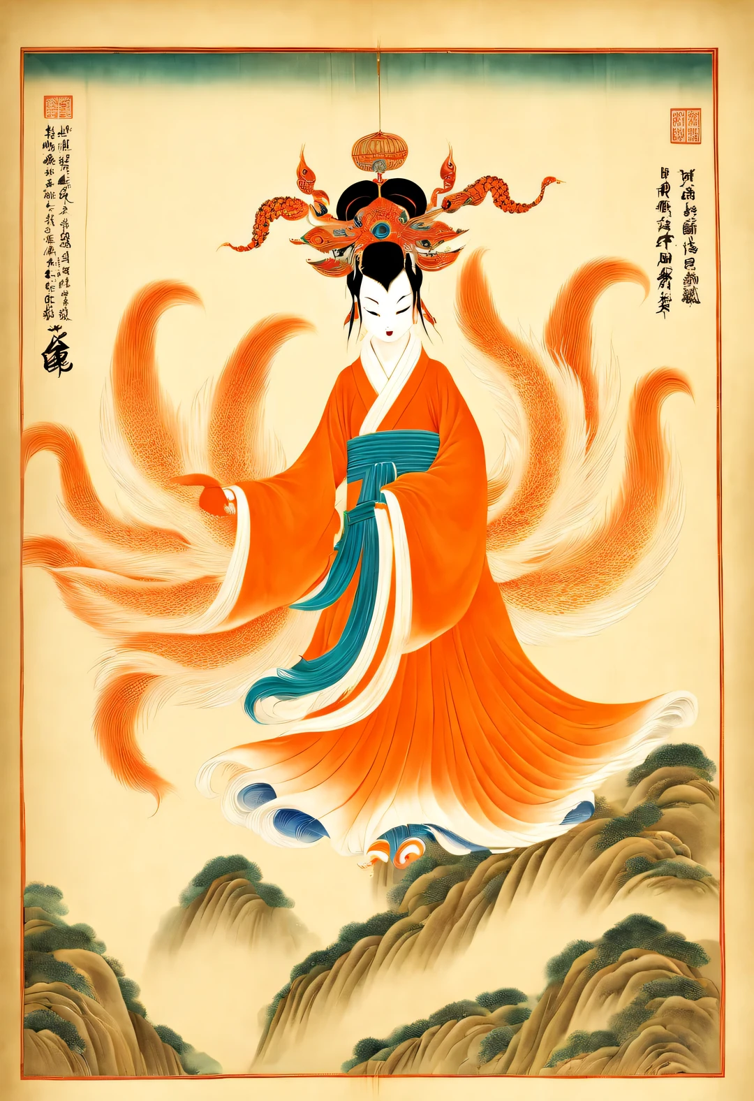 The nine-tailed fox, the mythical beast in ancient Chinese Classic of Mountains and Seas，a fox face，Half body，Some of the nine tails are translucent，All the tails spread out wildly like a big skirt.