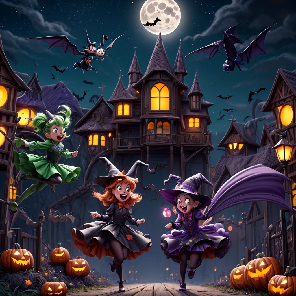 (best quality,4k,highres),looney tunes witches flying through a pumpkin patch at night,racing witches with broomsticks,spooky,comical,pumpkin-filled patch,charmingly detailed pumpkins,colorful witch costumes,full moon lighting,whimsical atmosphere,windswept hair,expressive facial expressions,spider webs,and bats,creepy-crawly crawling spiders,festive Halloween spirit,dynamic motion,laughter and excitement,animated artwork,enchanted fantasy,thrilling witch race,wickedly funny,mesmerizing visual effects,hauntingly beautiful scenery,magical aura,mischievous tricks and spells,nighttime adventure,playful competition,breathtaking sky,illuminating stars, clearly defined race course, finish line is a ring of swirling magic