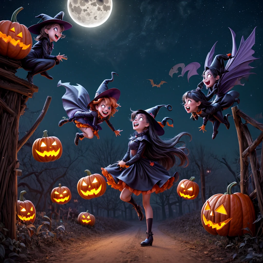 (best quality,4k,highres),looney tunes witches flying through a pumpkin patch at night,racing witches with broomsticks,spooky,comical,pumpkin-filled patch,charmingly detailed pumpkins,colorful witch costumes,full moon lighting,whimsical atmosphere,windswept hair,expressive facial expressions,spider webs,and bats,creepy-crawly crawling spiders,festive Halloween spirit,dynamic motion,laughter and excitement,animated artwork,enchanted fantasy,thrilling witch race,wickedly funny,mesmerizing visual effects,hauntingly beautiful scenery,magical aura,mischievous tricks and spells,nighttime adventure,playful competition,breathtaking sky,illuminating stars, clearly defined race course, finish line is a ring of swirling magic