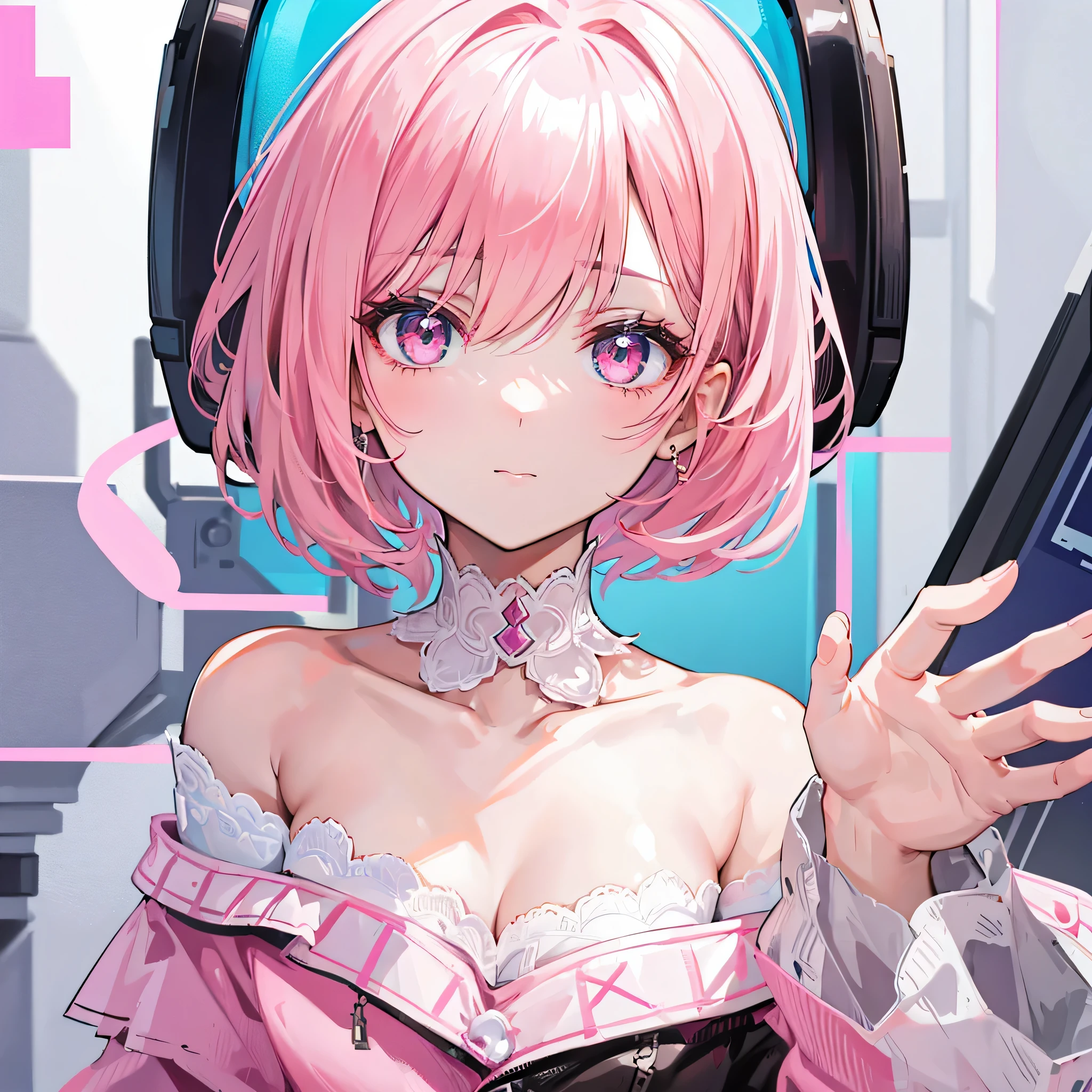 1 girl, nsfw, inverted nipples, pink hair, golden eyes, big tits, head phone, naked