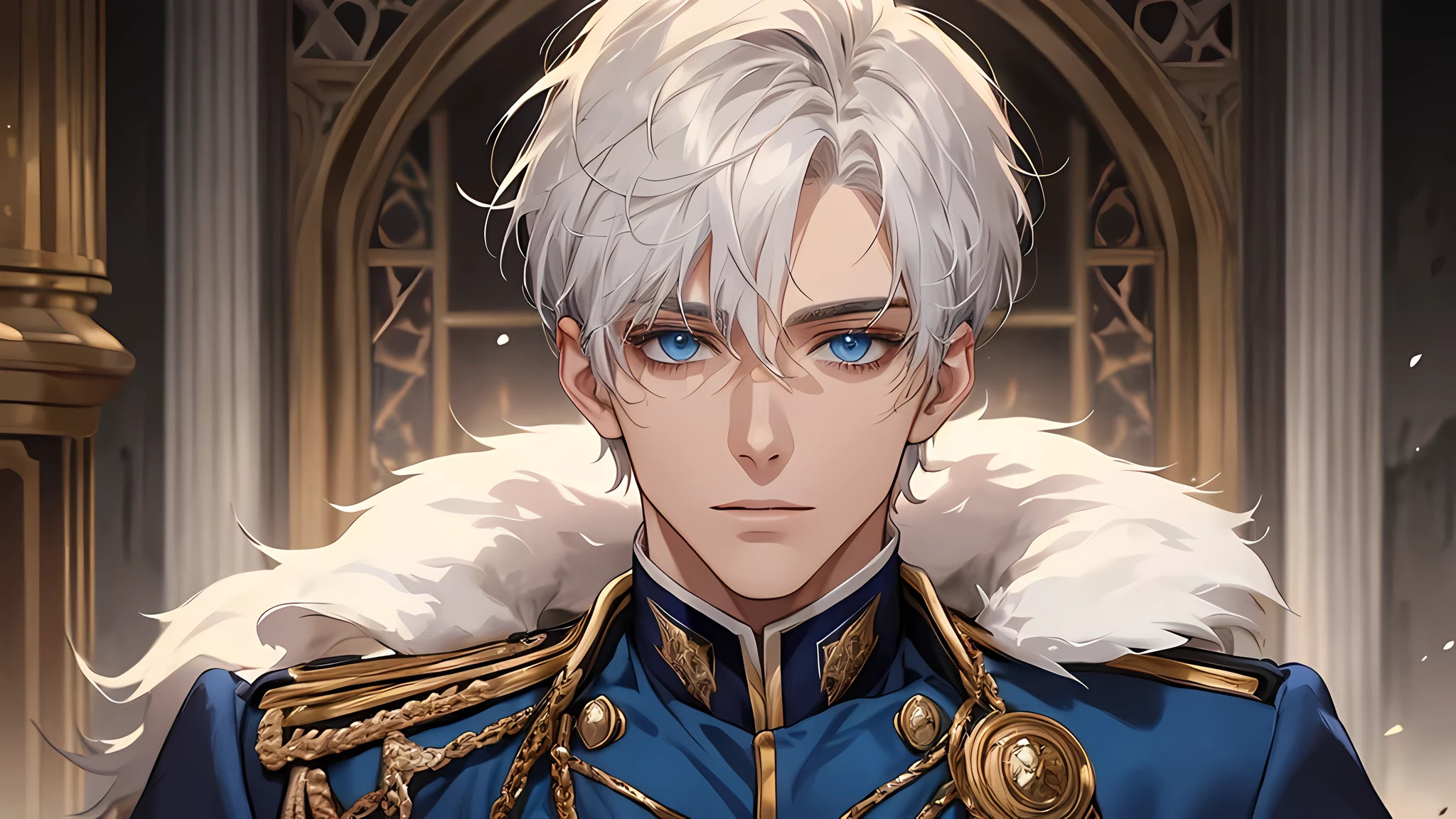 handsome young prince, short white hair with white strands, blue eyes, white officer's uniform, in a townhall, detailed face, detailed eyes, detailed lips. medieval times