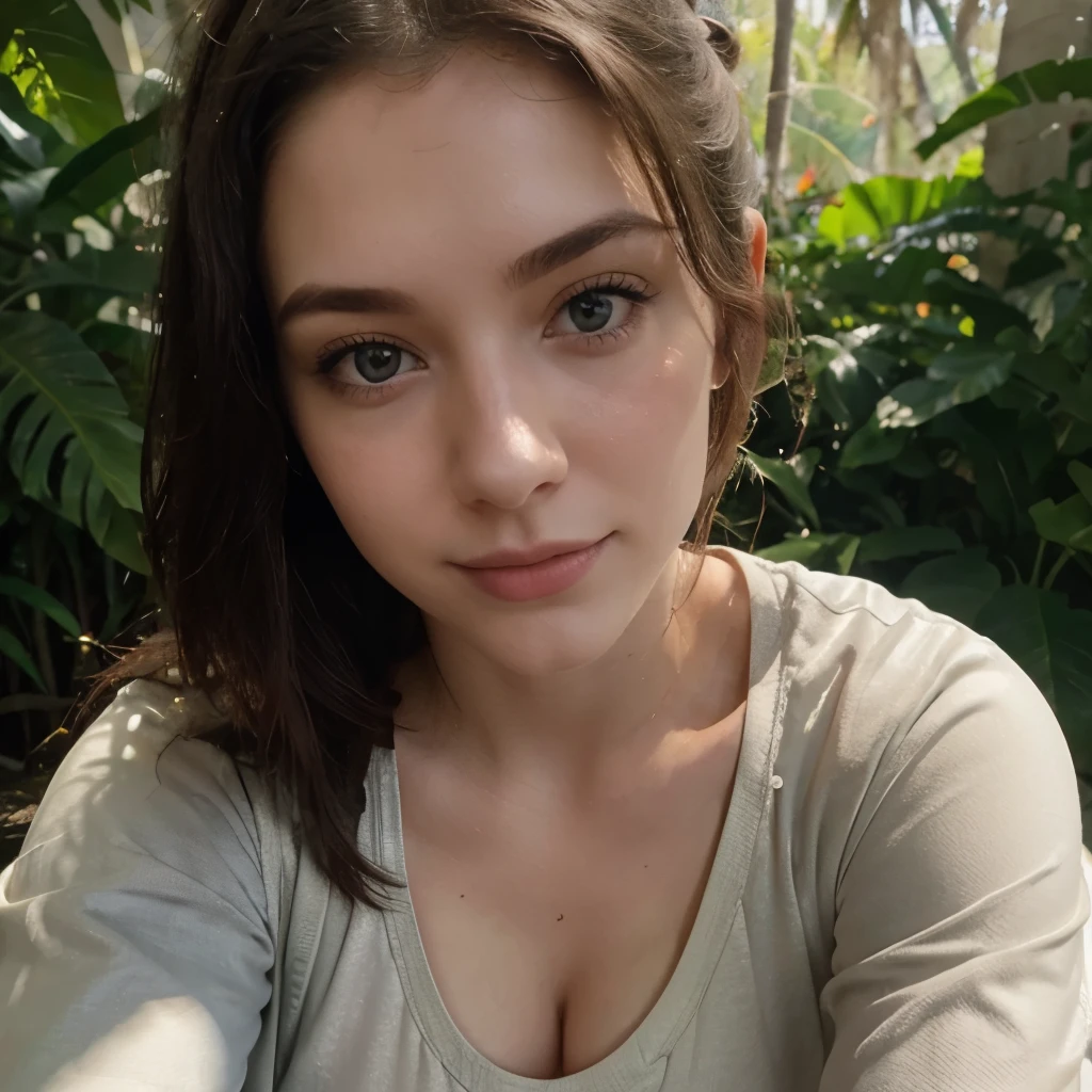A worried looking 19 yo white  girl in a camouflage tank top in the woods.  Cleavage. Close up 