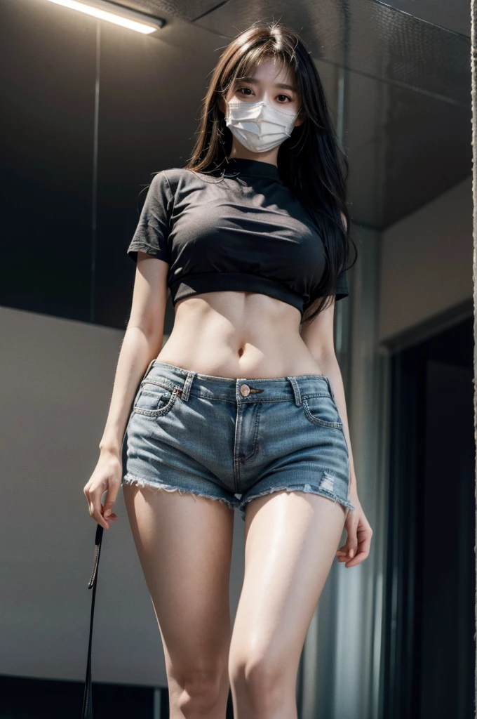 best quality, masterpiece, high resolution, 8k, (actual: 1.4), Ultra high resolution, 1 girl, Super detailed, 超Reality主义, Highly detailed CG illustrations, official art, Light, Reality, young beautiful girl, Perfect body, Perfect body, full view, Perfect body, (start from below: 1.3), mask, posture, Sexy long legs, confident, Beautiful and sexy, Gray short sleeves, open belly, Black super shorts, S-shaped body, upturned buttocks, hypothesis, 摆posture, Different perspectives