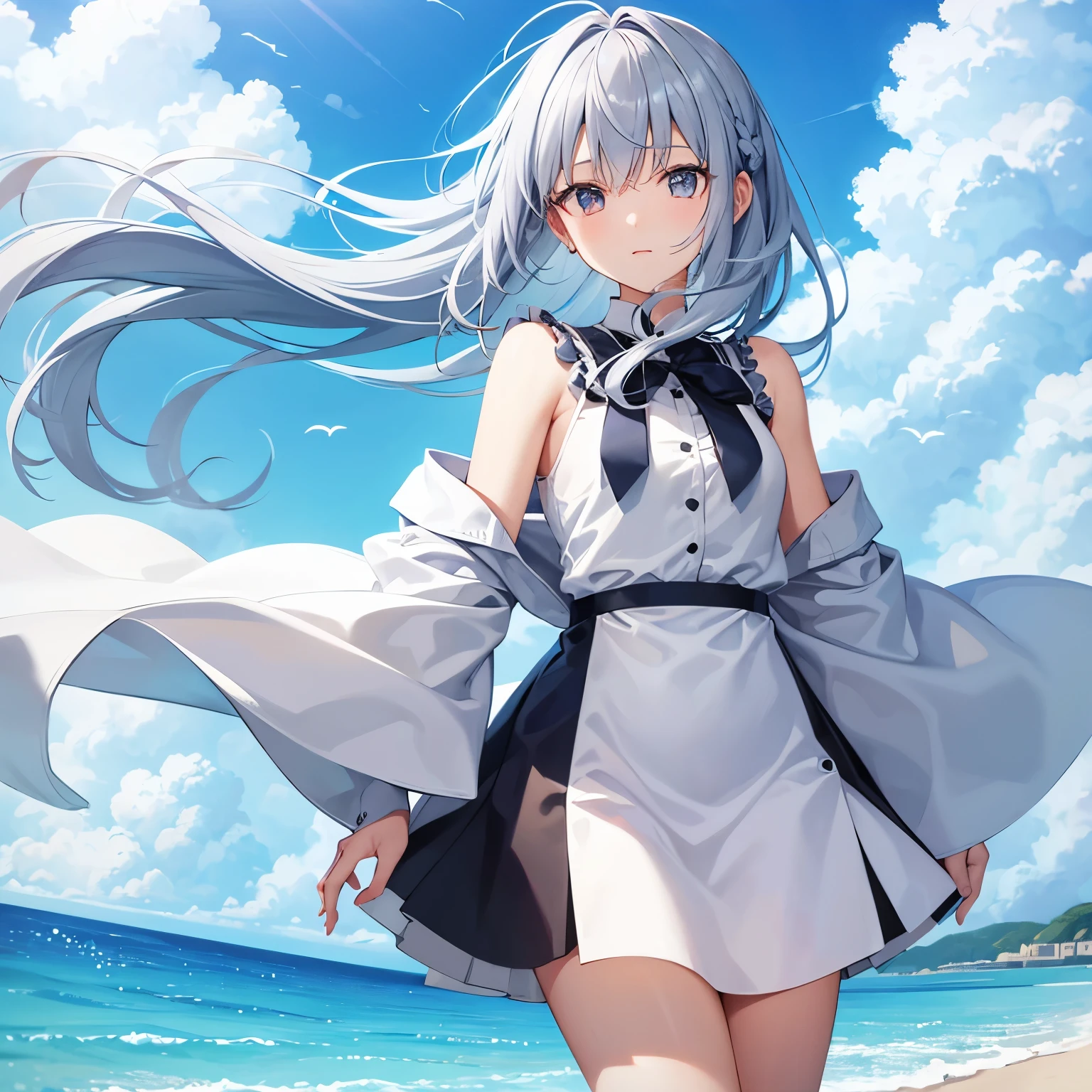 clear,girl,1 person,blue sky,gray hair