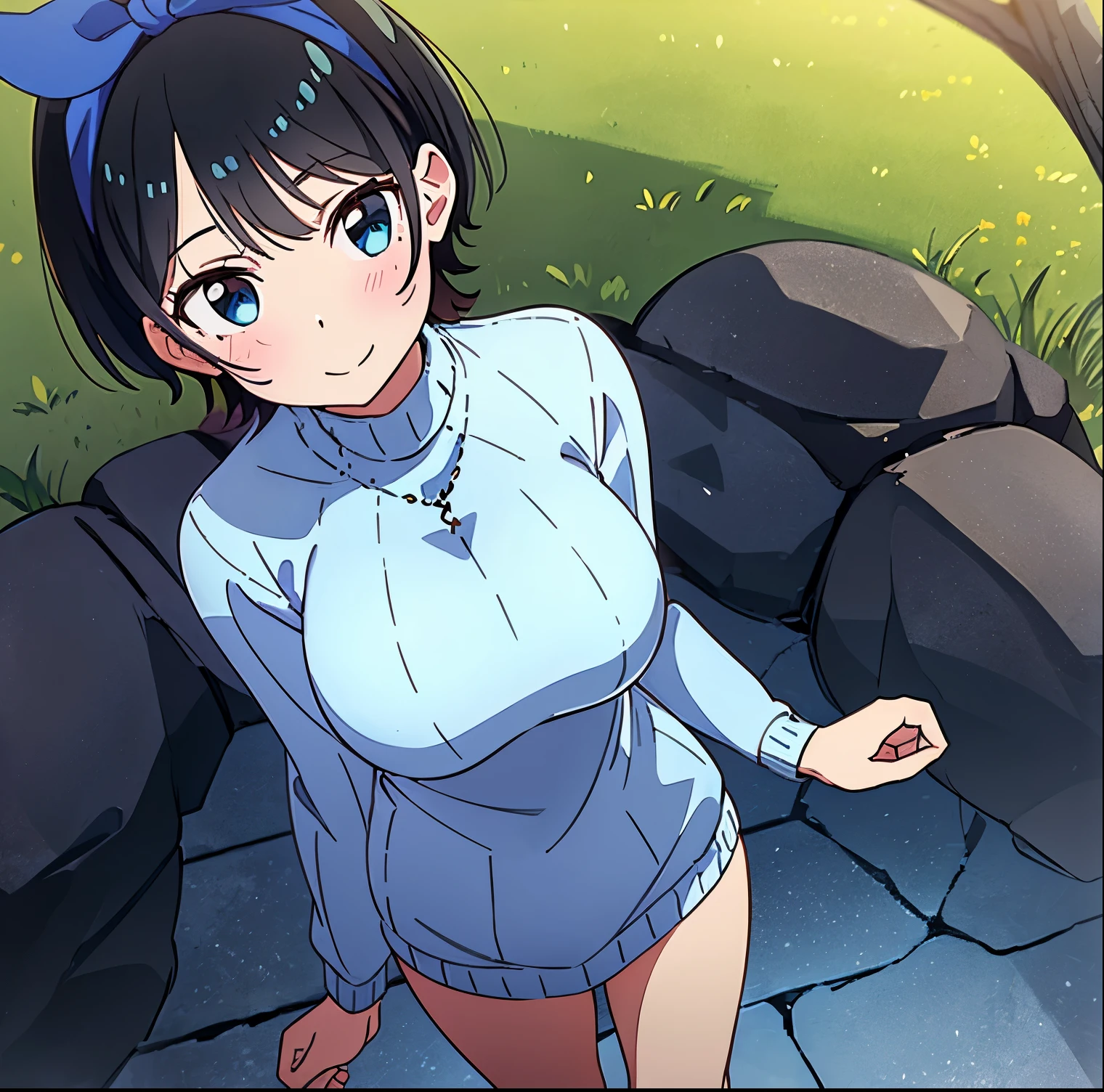 1girl, alone, ruka sarashina, main piece, high quality, high resolution, blue bow, a woman with dark hair, short hair, black hair, blue eyes, (light blue sweater: 1.2), (turtleneck: 1.2), c, white stockings, black bow, bow, blue hair band, bangs, big full breasts, cleavage, medium waist, medium hips, wide thighs, cowboy photo, smile, seductive, embarrassed, walking, park, sunset, looking at the viewer, pov (from above), excellent hands, excellent anatomy