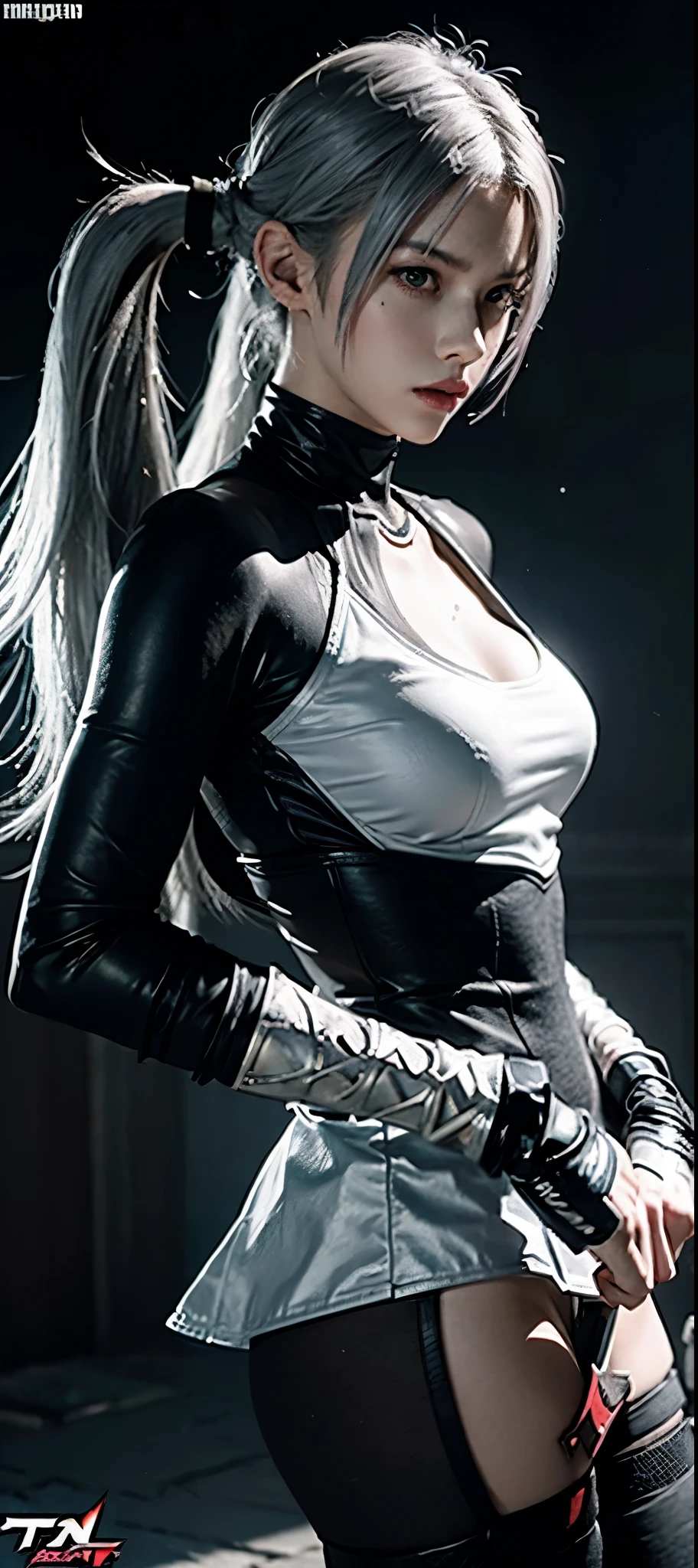 a close up of a person in a costume with a sword, as a character in tekken, female character, tifa lockhart with white hair, katana zero video game character, lunar themed attire, kda, slim body, cyborg - girl with silver hair, upper body avatar, fashion gameplay screenshot, fighting game character, new character, floralpunk elysian maiden, sigma female