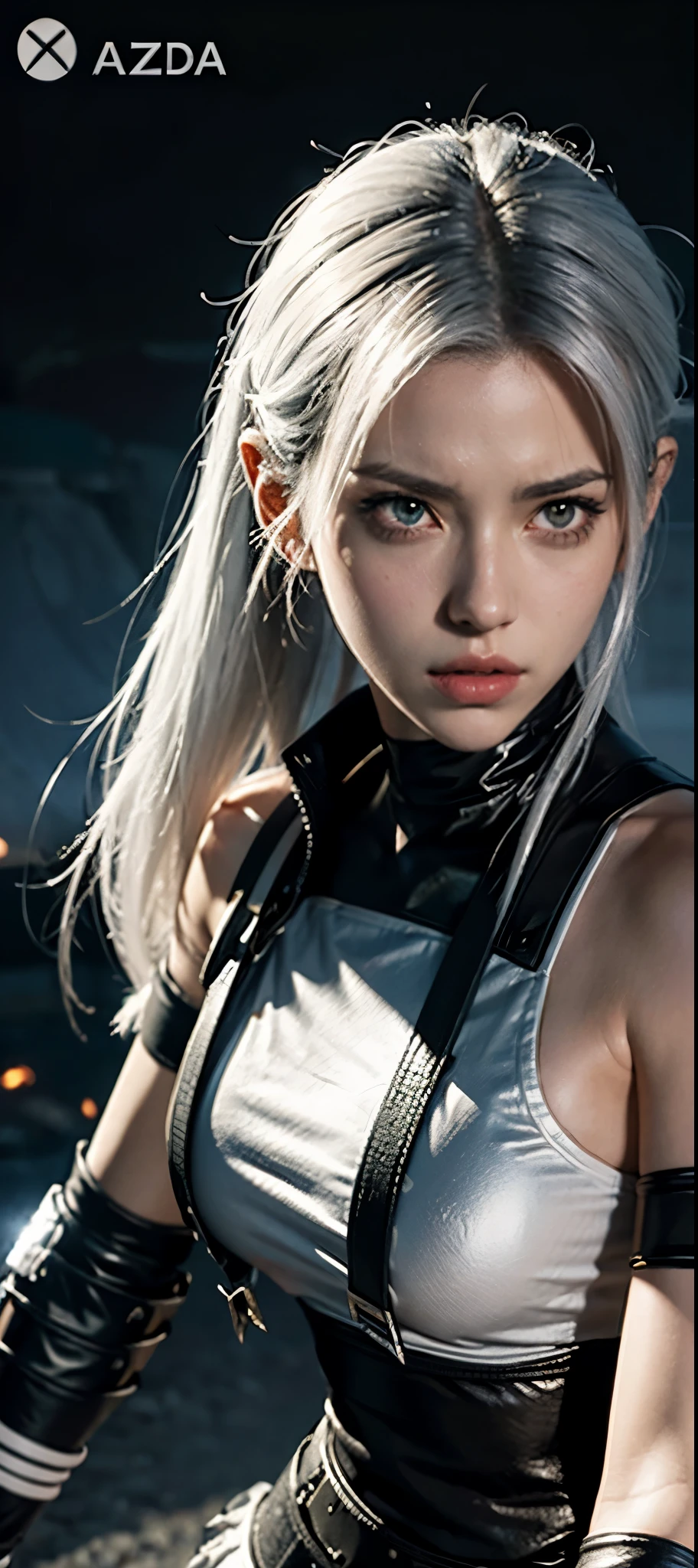a close up of a person in a costume with a sword, as a character in tekken, female character, tifa lockhart with white hair, katana zero video game character, lunar themed attire, kda, slim body, cyborg - girl with silver hair, upper body avatar, fashion gameplay screenshot, fighting game character, new character, floralpunk elysian maiden, sigma female
