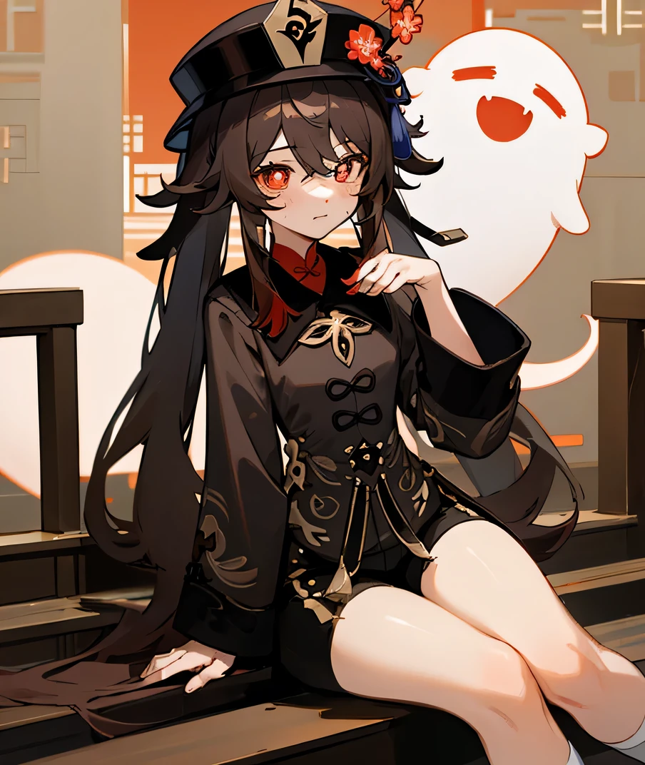 (masterpiece, best quality), (illustration), 1girl, hu tao (genshin impact), boo tao,hat, red eyes, twintails, brown hair, solo, symbol-shaped pupils, long hair,bangs, black shorts , chinese clothes, hutaornd,sitting, sitting on stairs, chinese architecture