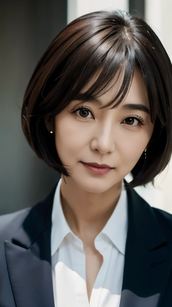 (Highly detailed CG Unity 8K wallpaper, highest quality, super detailed, look at the camera:1.2, light shines on your face:1.5, gray background, professional lighting), {{50-year-old Japanese woman}}, 50歳の女性, upper body shot with face illuminated. She has a stylish bob haircut with subtle highlights, a gentle oval face, neatly shaped eyebrows, deep-set eyes, a defined nose, and a soft smile. She is dressed in an elegant silk blouse, tailored blazer, and understated pearl earrings.