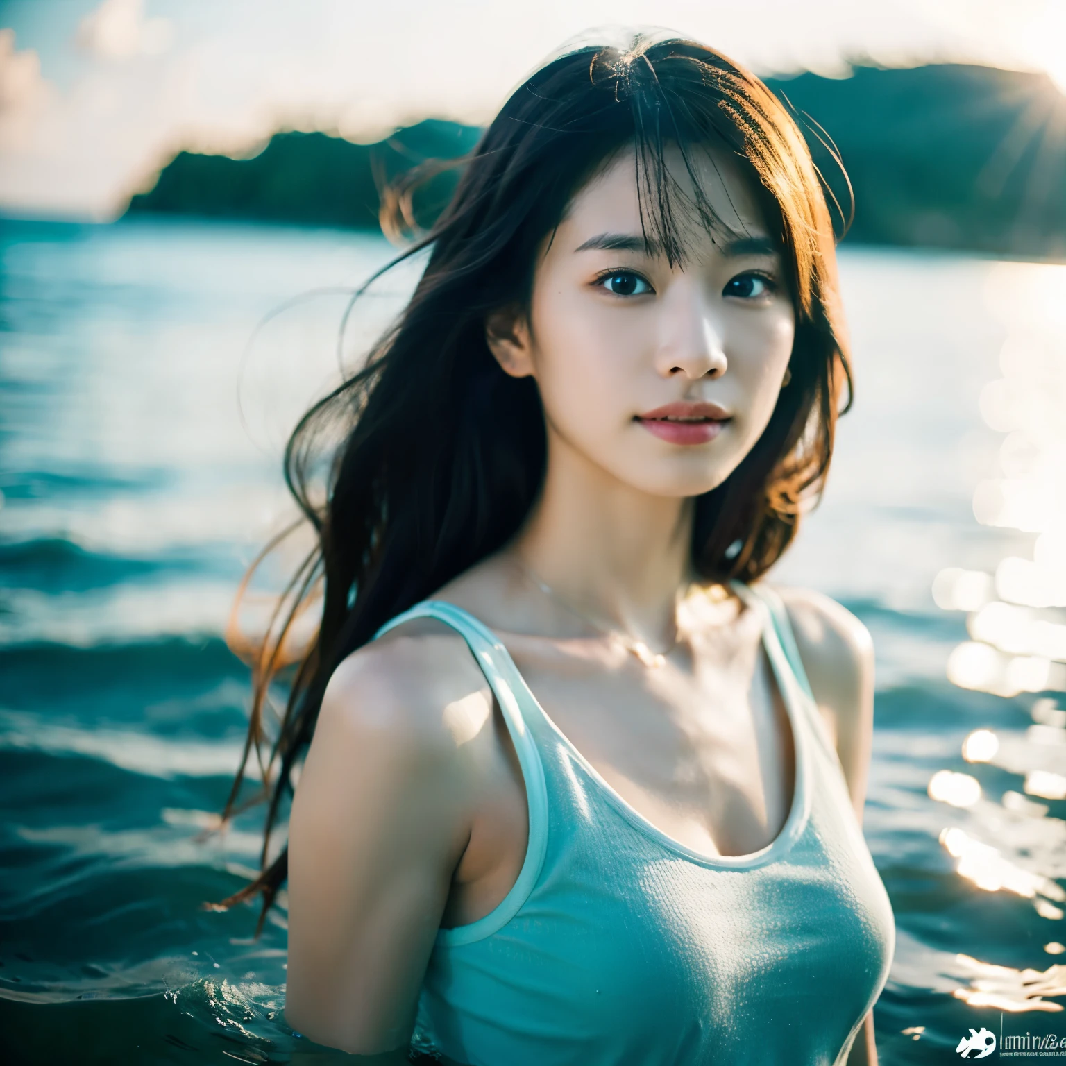 A girl named Amy, Straight Hair, first-person view, lens flare, f/1.8, 135mm, Canon, UHD, retina, masterpiece, ccurate, anatomically correct, textured skin, super detail, high details, high quality, best quality, 1080P, HD, 4K, 8k Wearing a tank top in the sea of Okinawa