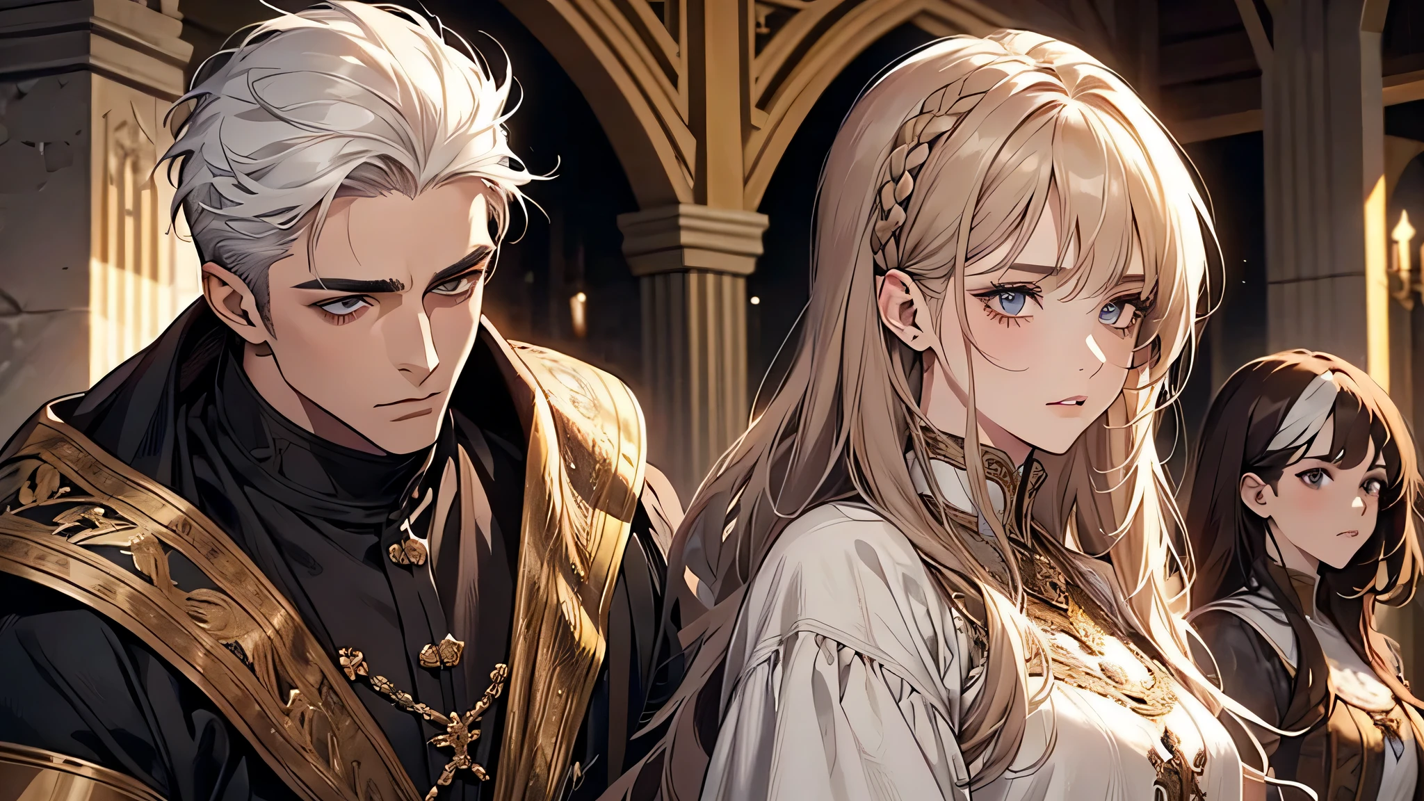 1 handsome man, 1 beautiful girl, man in white hair, girl in brown hair, in a townhall, medieval times, knight, confused face, face detailed, plump lips, no expression, calm face, detailed eyes, detailed nose