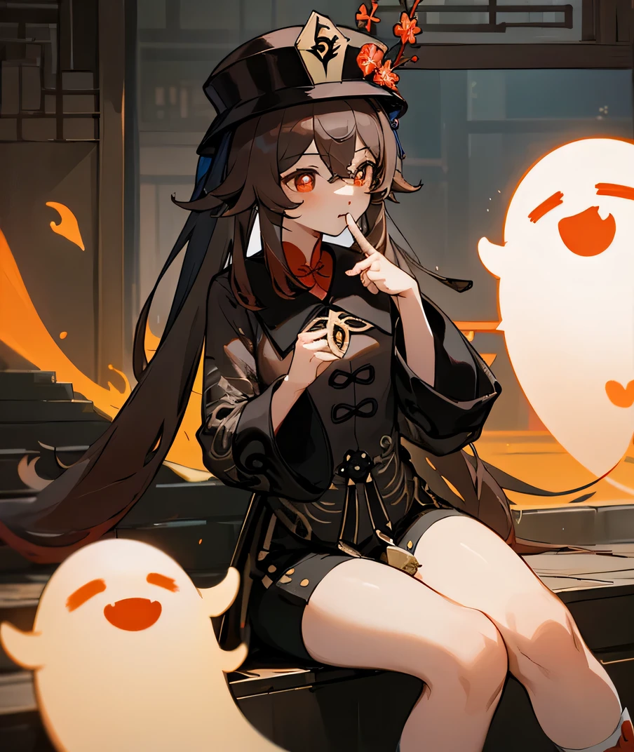 (masterpiece, best quality), (illustration), 1girl, hu tao (genshin impact), boo tao,hat, red eyes, twintails, brown hair, solo, symbol-shaped pupils, long hair,bangs, black shorts , chinese clothes, hutaornd,sitting, sitting on stairs, chinese architecture